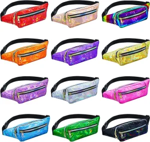 12 Pieces Holographic Fanny Packs for Women Kids, Metallic Color Sport Waistbags Shiny Waist Pack with Adjustable Belts for 80s Rave Outdoor Activities (Chic Style)