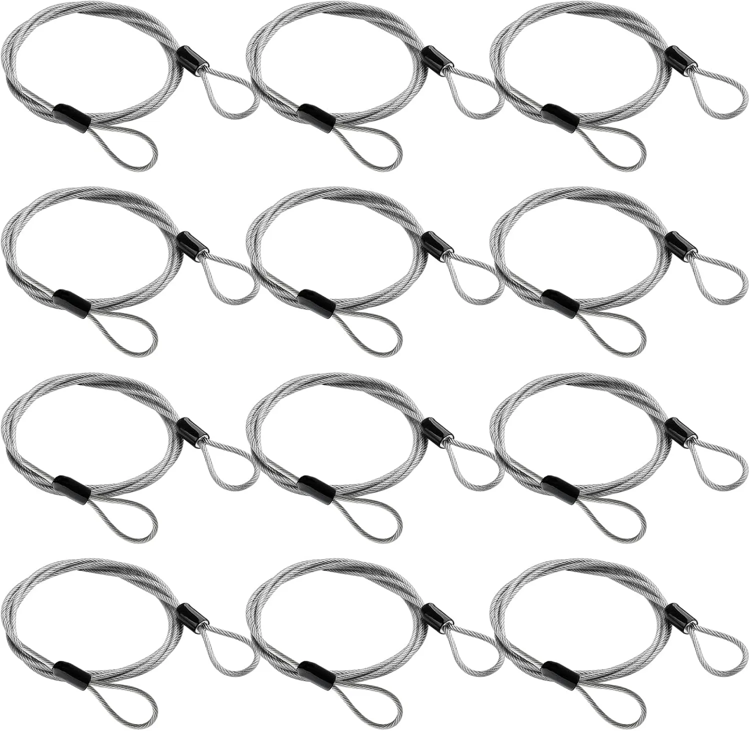 12Pcs Stainless Steel Security Cable with Loops, 4Ft 3mm Luggage Lock Safety Cable, Braided Steel Coated Flex Bike Cable, Double Loop Anti Theft Wire Lock Cable for Travel Locking