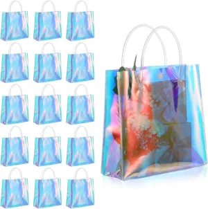 16 Pcs Clear Holographic Gift Bags 7.87 x 7.87 x 3.15 Inch Reusable Iridescent Candy Bags with Handle Small Party Favor Bags PVC Plastic Goodie Wrap Bags for Wedding Birthday Christmas Party