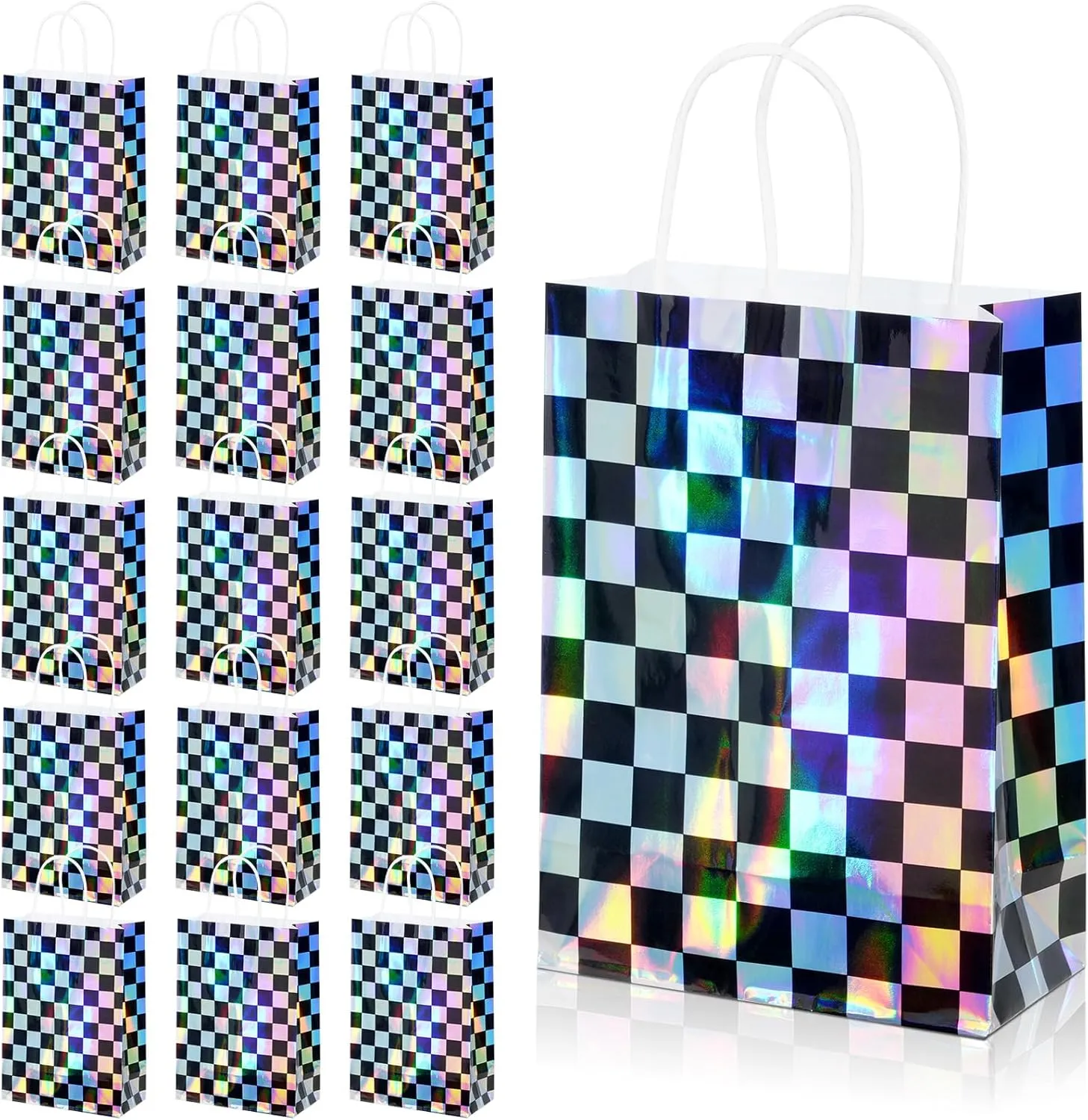 16Pcs Iridescent Checkered Race Car Party Favor Bags, Black and Iridescent Car Goodie Bags with Handles, Laser Plaid Kraft Paper Candy Gift Treat Bags for Kids Fast Race Car Birthday Party Decorations