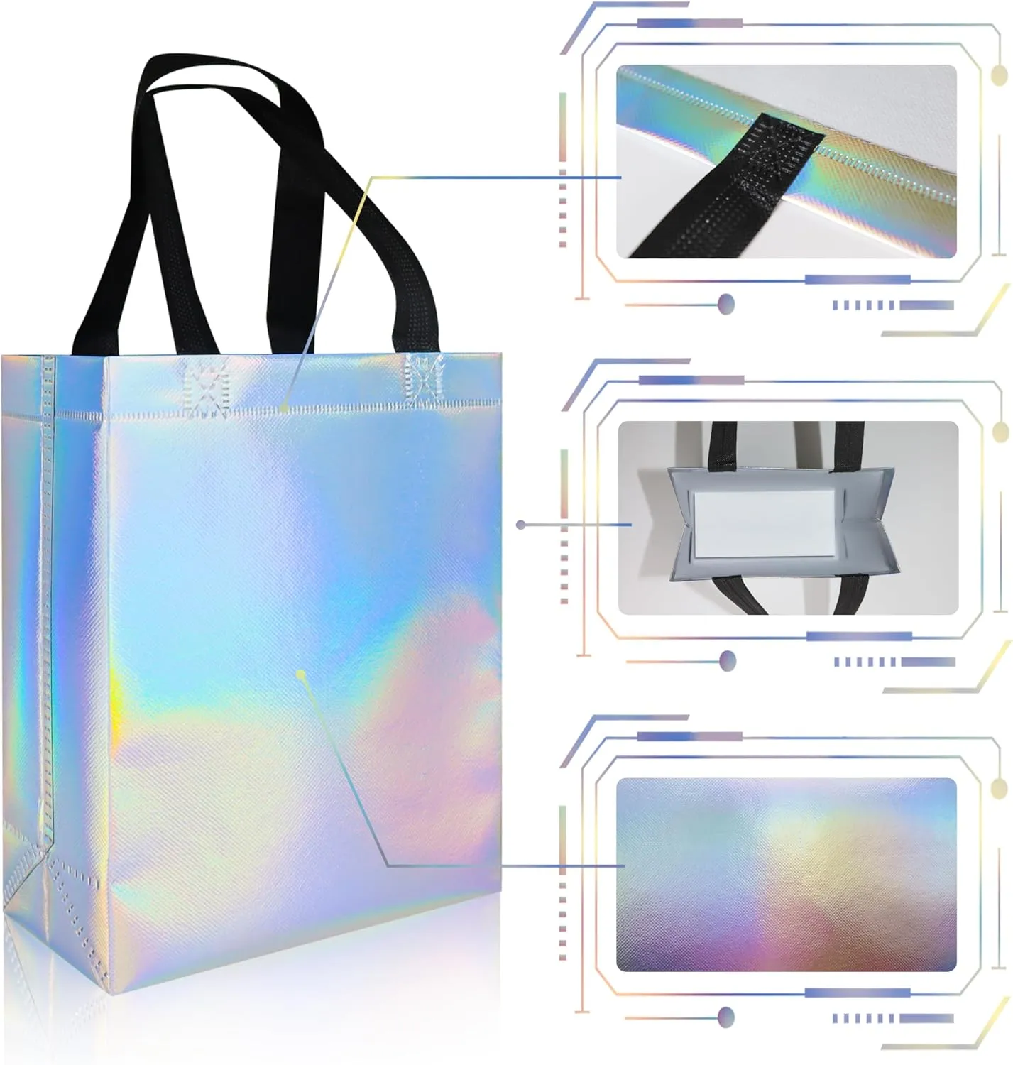 18 Pcs Glossy Iridescent Small Gift Bags Bulk, Non-woven Party Bags for Present with Sturdy Bases for Birthday, Wedding, Easter, Party, Holiday- 8x3.9x9.8 In