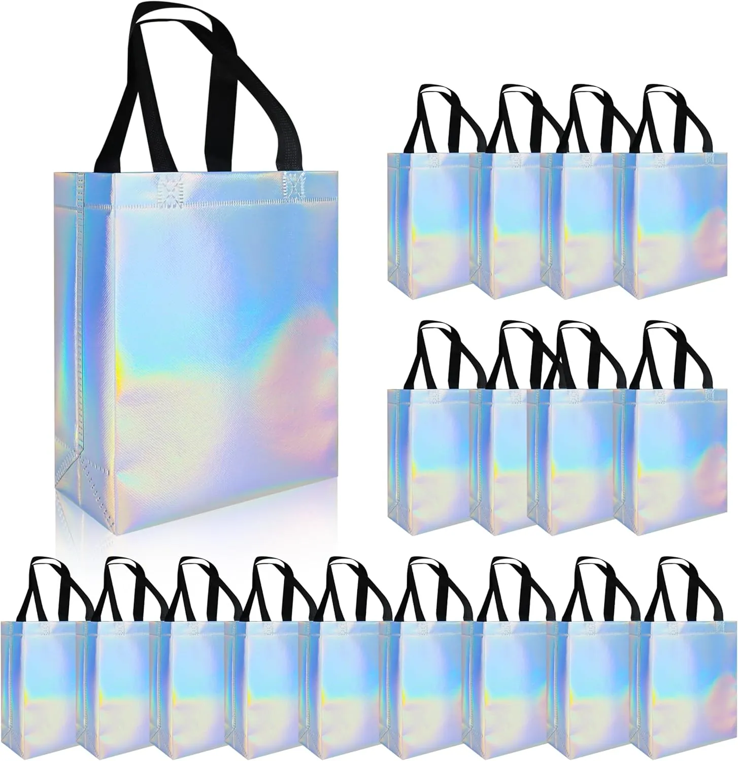 18 Pcs Glossy Iridescent Small Gift Bags Bulk, Non-woven Party Bags for Present with Sturdy Bases for Birthday, Wedding, Easter, Party, Holiday- 8x3.9x9.8 In