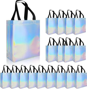 18 Pcs Glossy Iridescent Small Gift Bags Bulk, Non-woven Party Bags for Present with Sturdy Bases for Birthday, Wedding, Easter, Party, Holiday- 8x3.9x9.8 In