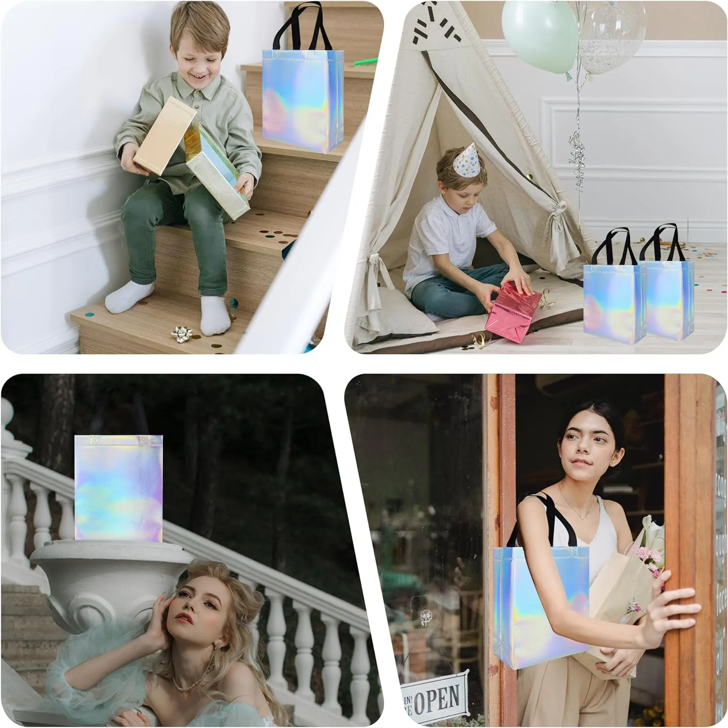 18 Pcs Glossy Iridescent Small Gift Bags Bulk, Non-woven Party Bags for Present with Sturdy Bases for Birthday, Wedding, Easter, Party, Holiday- 8x3.9x9.8 In