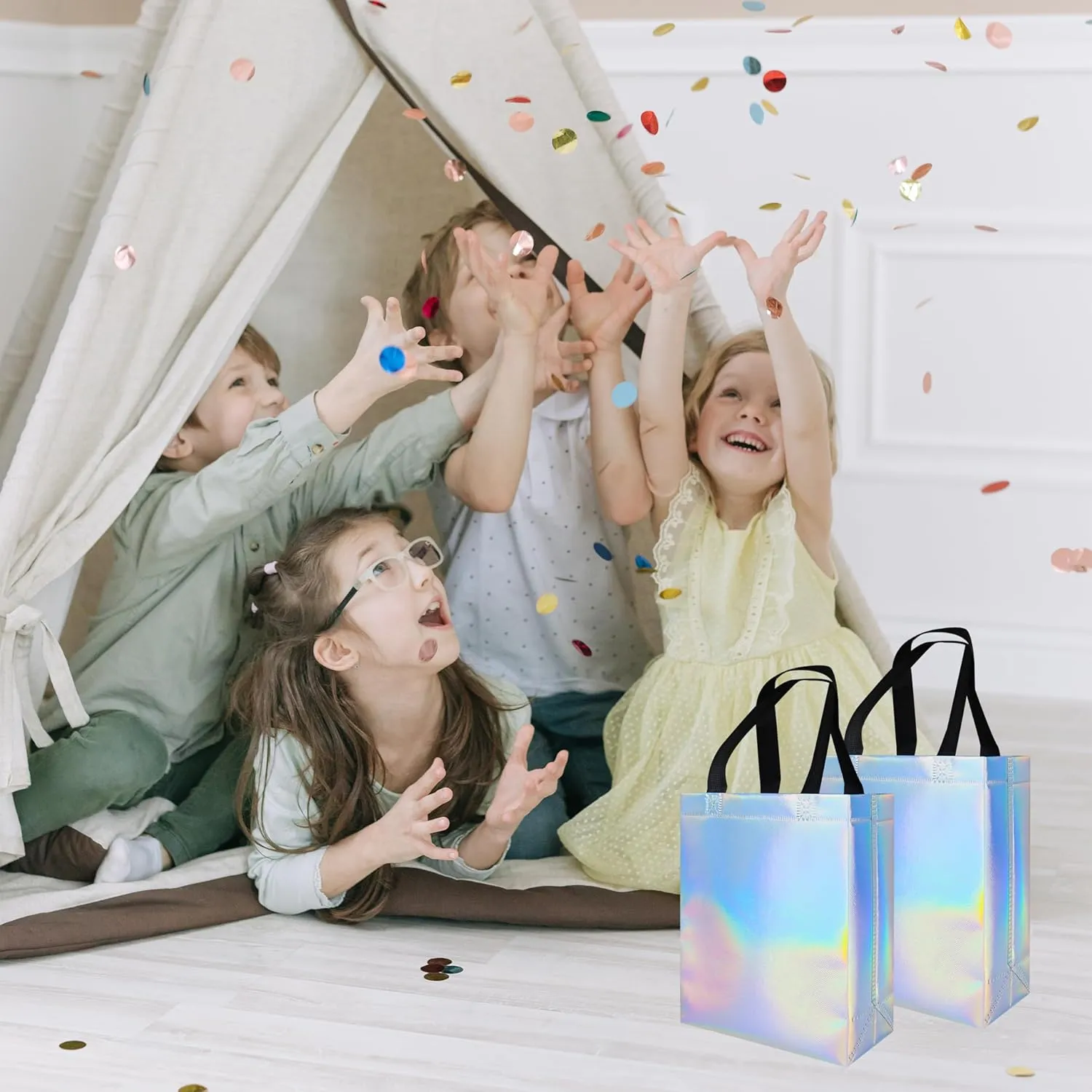 18 Pcs Glossy Iridescent Small Gift Bags Bulk, Non-woven Party Bags for Present with Sturdy Bases for Birthday, Wedding, Easter, Party, Holiday- 8x3.9x9.8 In