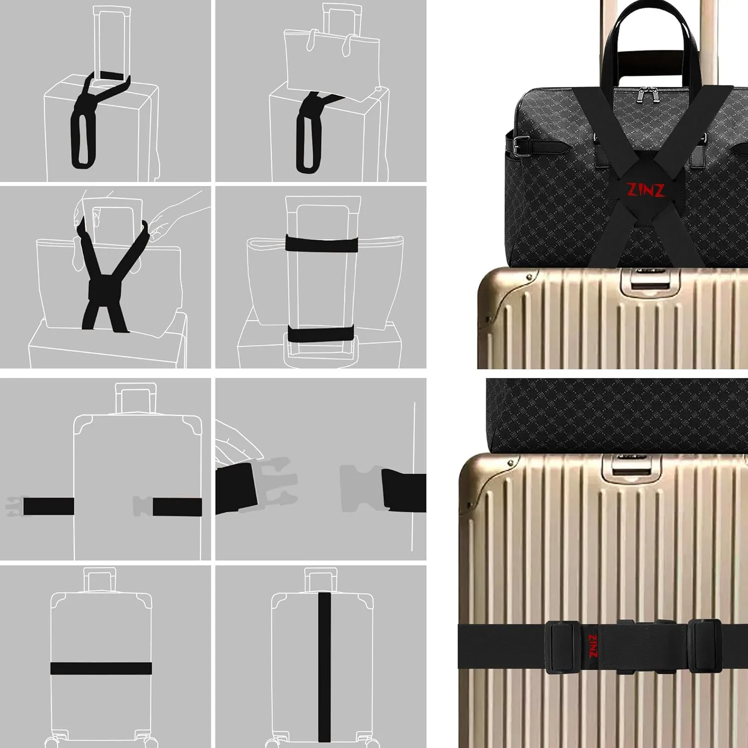 2-Pack High Elastic Luggage Strap Adjustable Travel Bag Belt Bungees for More Applications (Black Red Set)