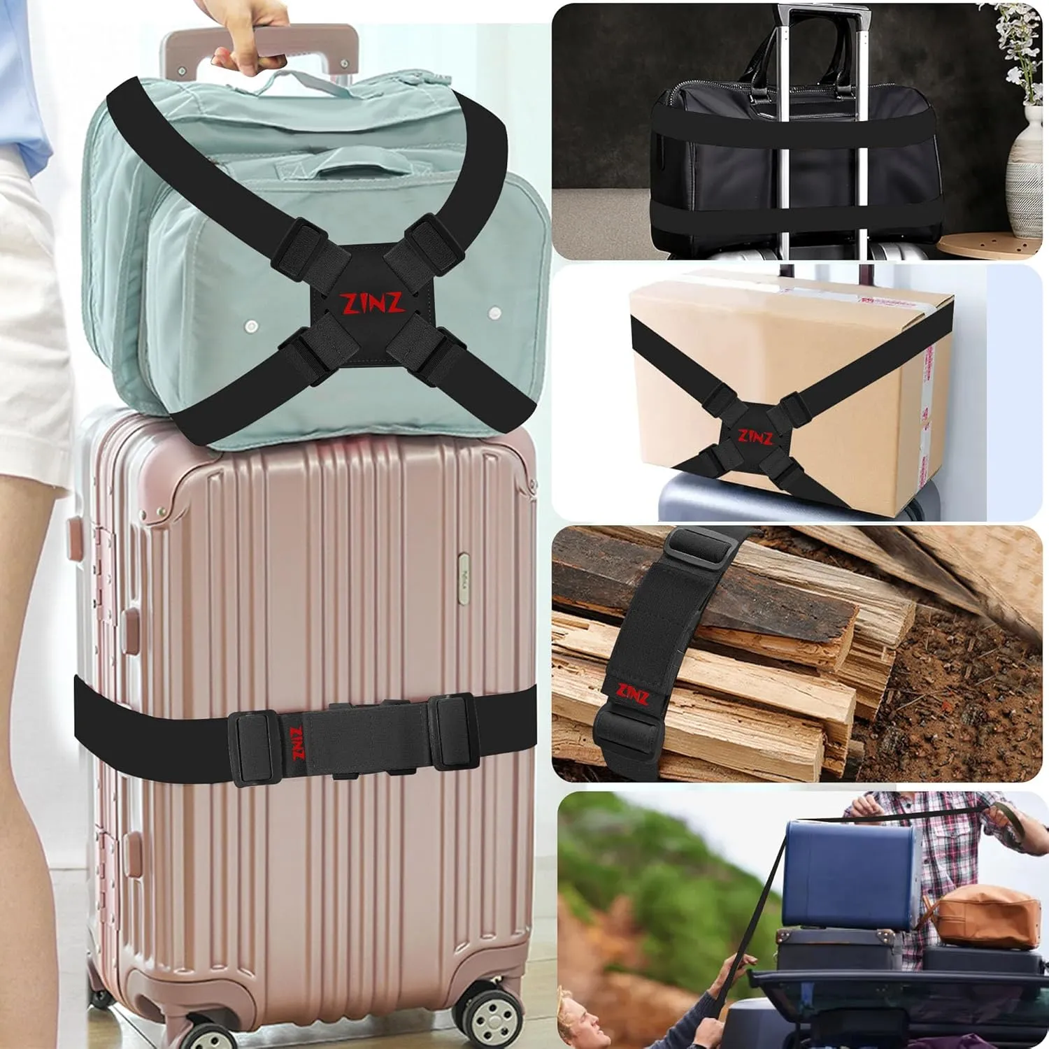 2-Pack High Elastic Luggage Strap Adjustable Travel Bag Belt Bungees for More Applications (Black Red Set)