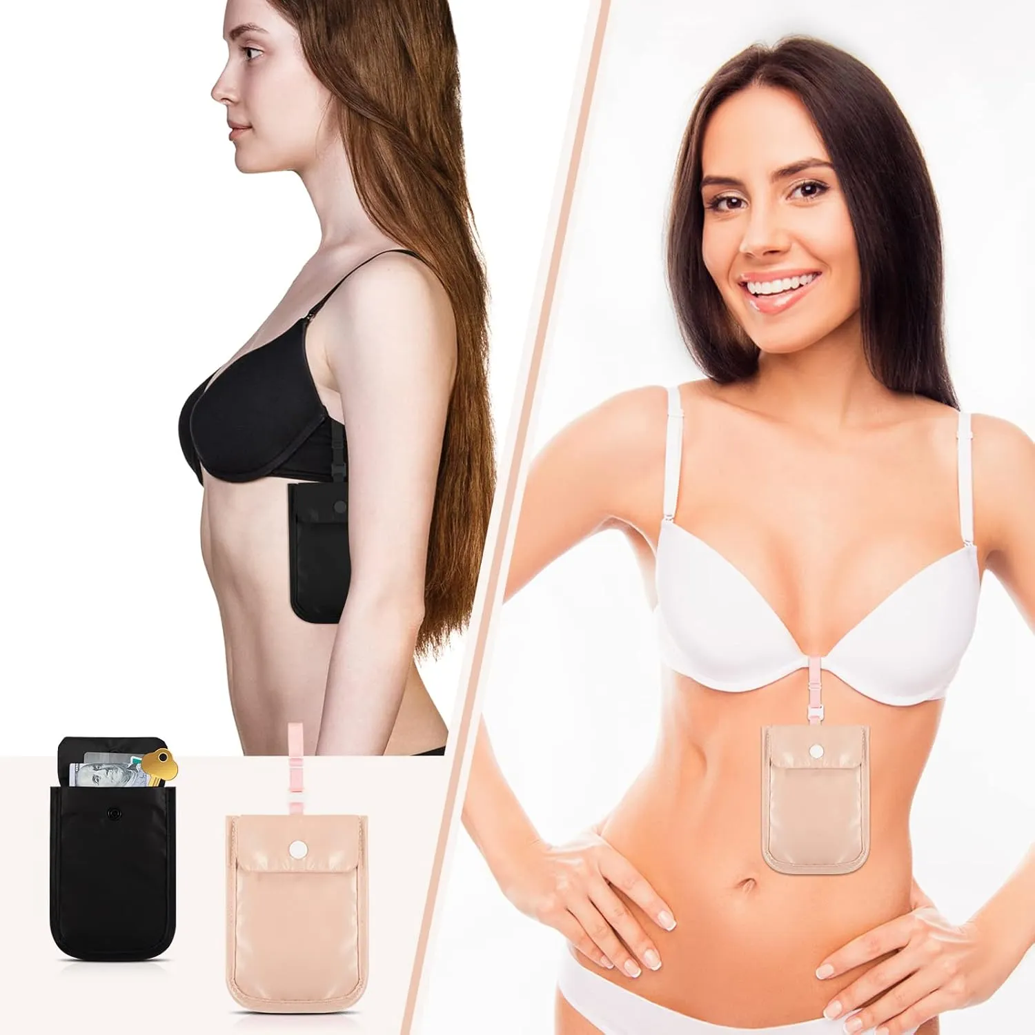 2 Pieces Travel Bra Wallet for Women Hidden Bra Wallet Pickpocket Proof Under Clothes Money Belt Pouch Secret for Passport Money Valuables(4 x 5.4 Inch,Black, Pink)