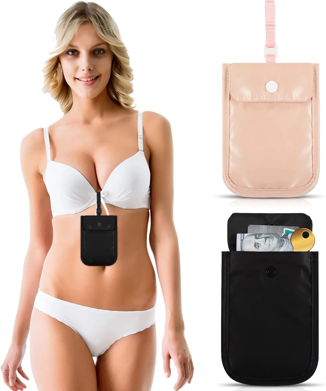 2 Pieces Travel Bra Wallet for Women Hidden Bra Wallet Pickpocket Proof Under Clothes Money Belt Pouch Secret for Passport Money Valuables(4 x 5.4 Inch,Black, Pink)