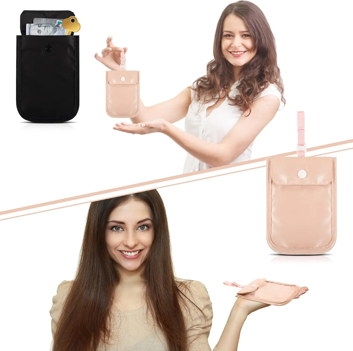 2 Pieces Travel Bra Wallet for Women Hidden Bra Wallet Pickpocket Proof Under Clothes Money Belt Pouch Secret for Passport Money Valuables(4 x 5.4 Inch,Black, Pink)