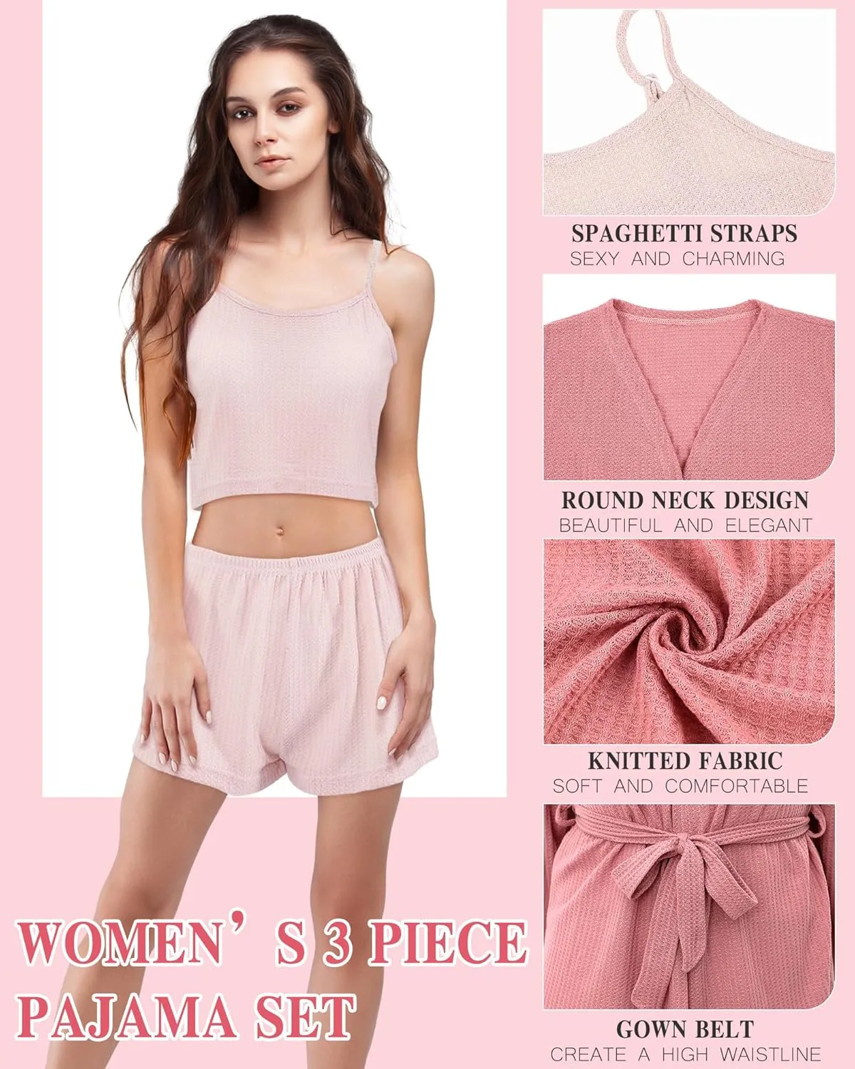 2 Sets Women Pajama Sets for Women's Day Gifts Knit Lounge Pjs Sleep Clothes Sleepwear Cardigan Robe Cami Top Short