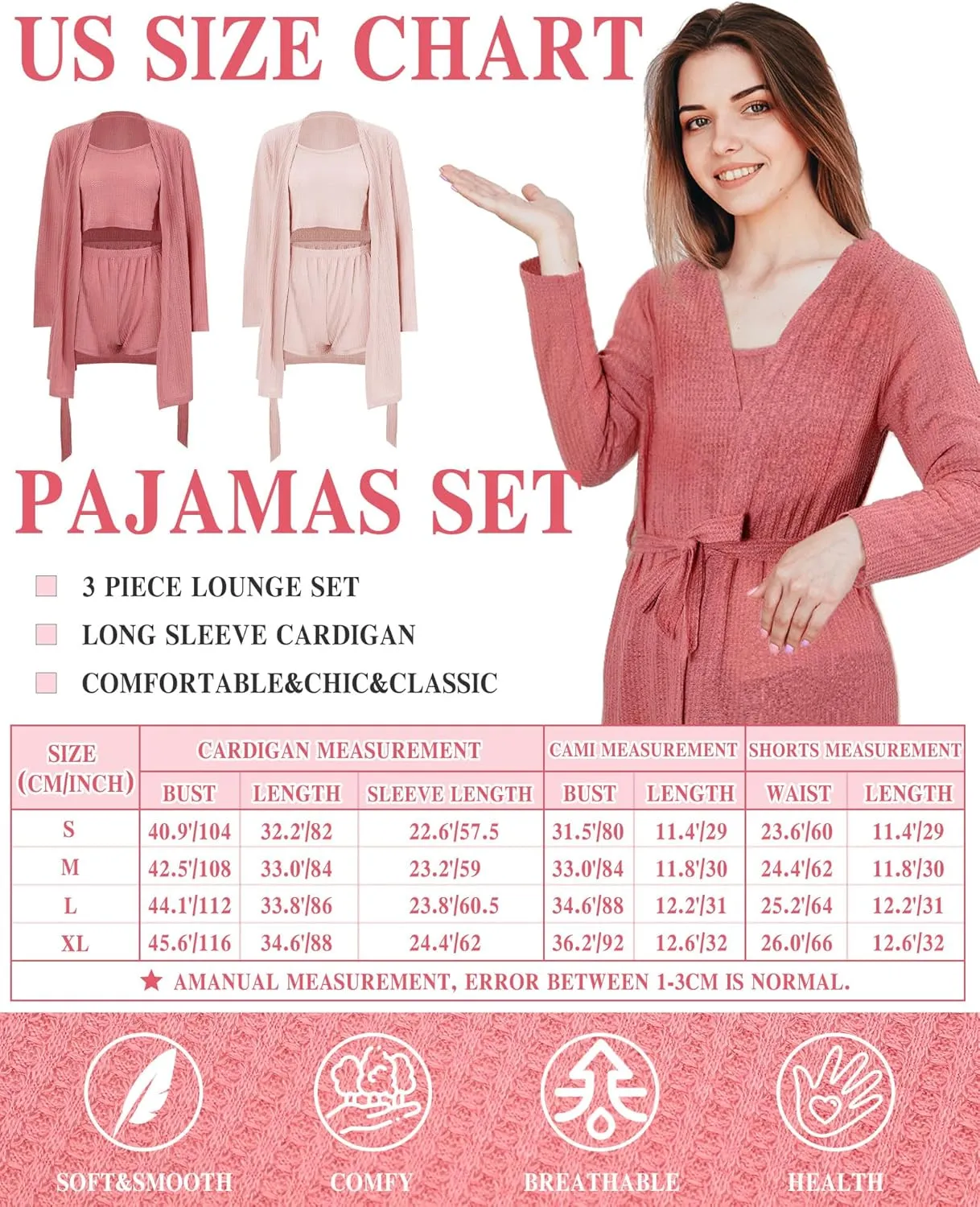 2 Sets Women Pajama Sets for Women's Day Gifts Knit Lounge Pjs Sleep Clothes Sleepwear Cardigan Robe Cami Top Short