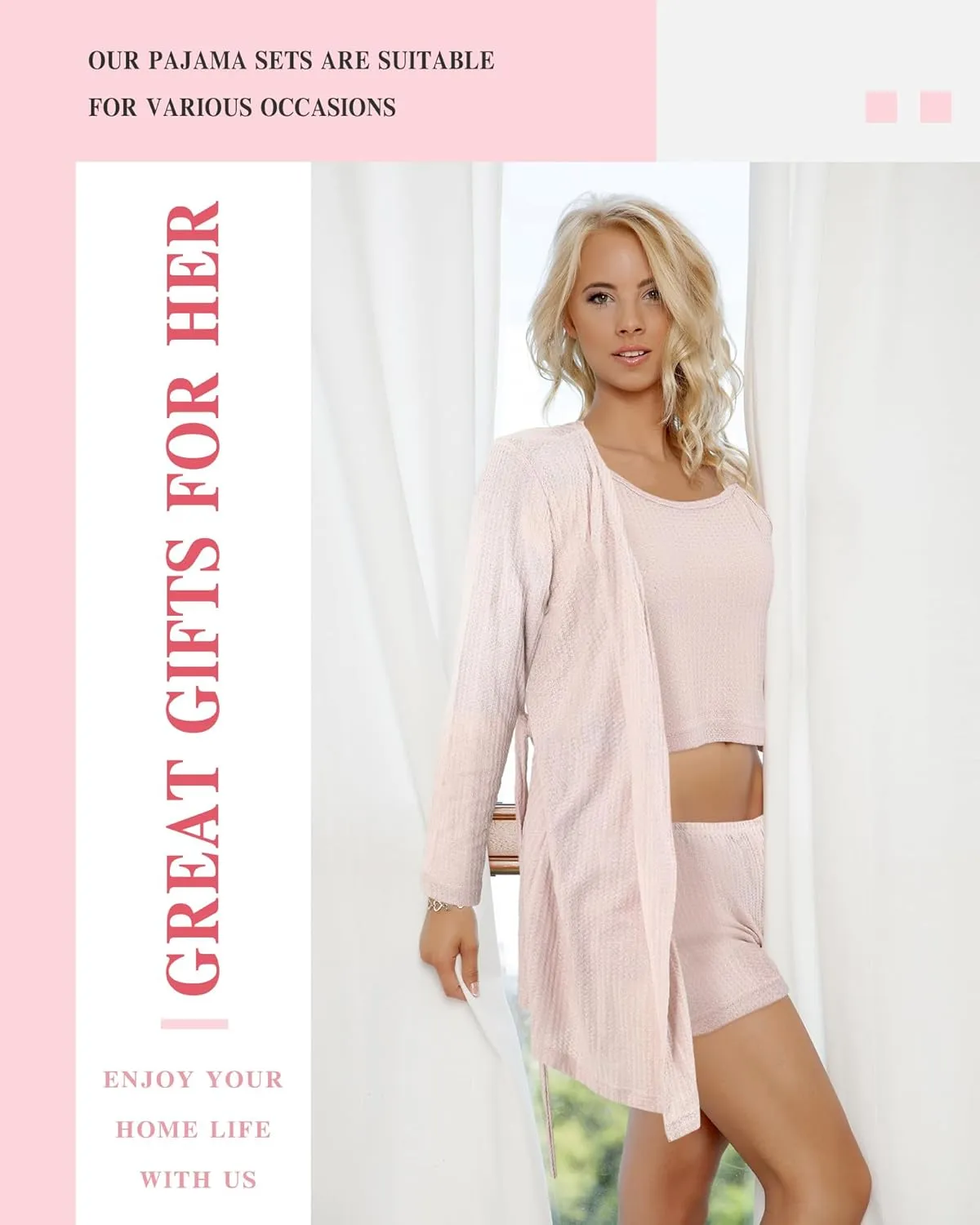 2 Sets Women Pajama Sets for Women's Day Gifts Knit Lounge Pjs Sleep Clothes Sleepwear Cardigan Robe Cami Top Short