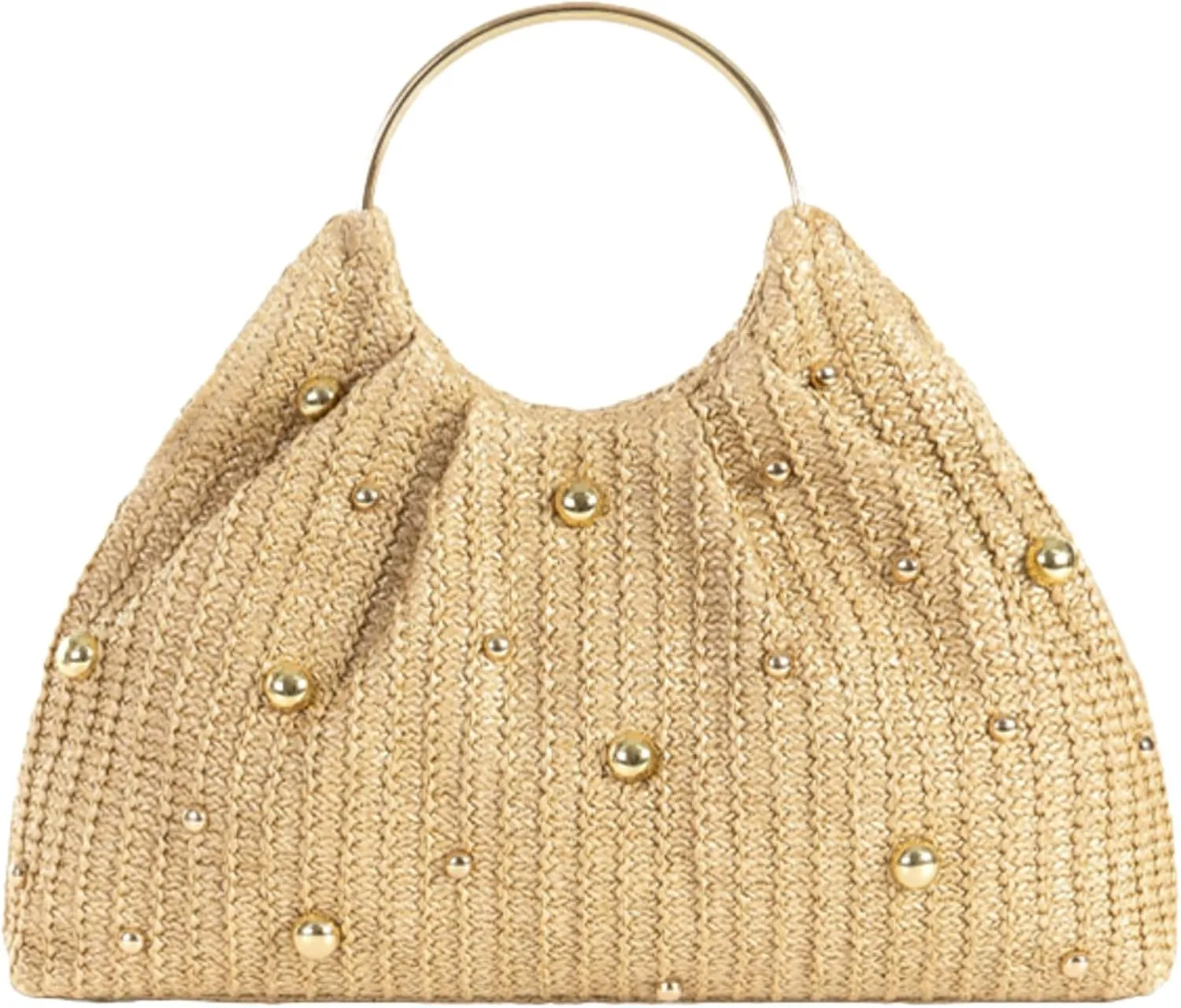 2025 Chic Straw Tote Bag Round Handheld Elegant Evening Clutch Women Party Handbag Metal Handle Beaded