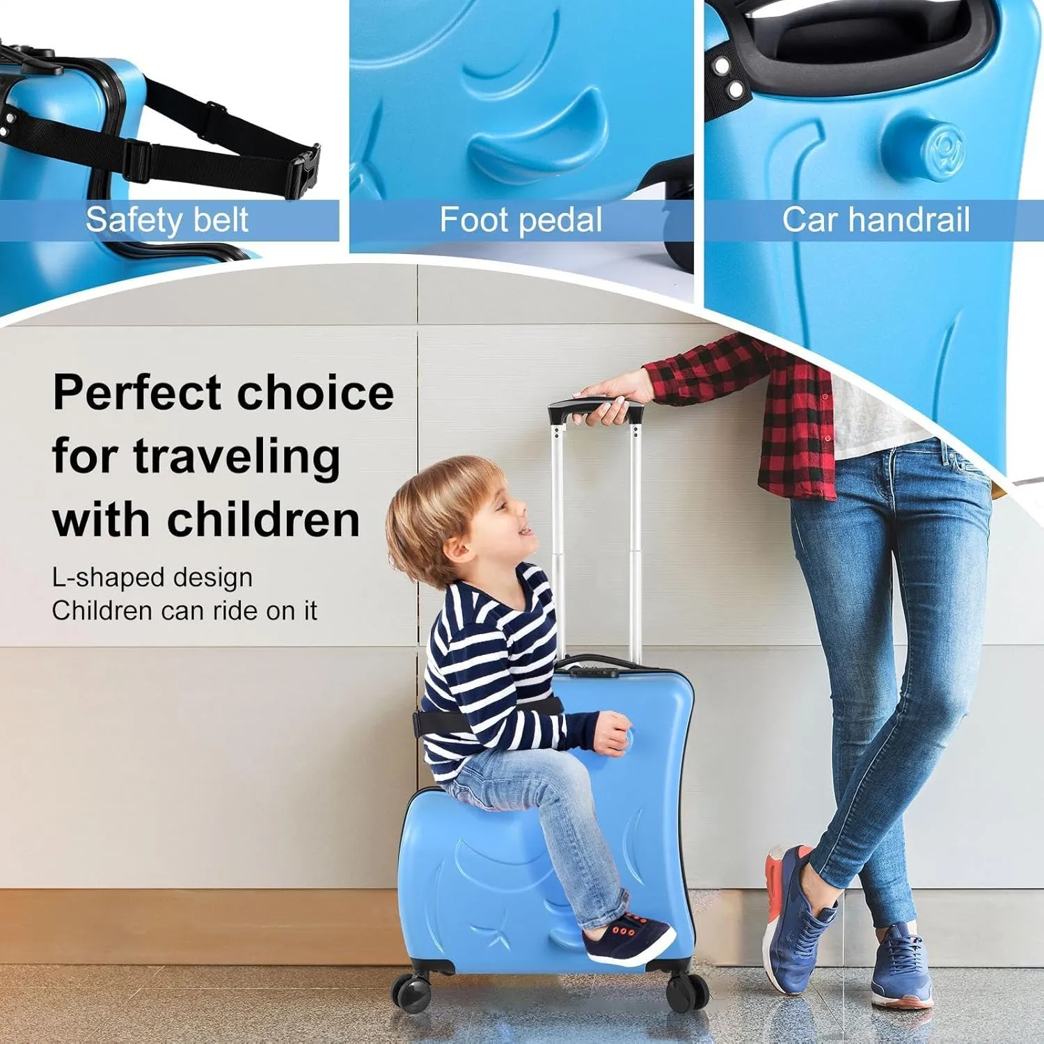 20" Ride Suitcase for Kids Aged 3-6, Carry Kids Luggage with Silent Wheels, Safety Belt, Combination Lock, Handlebars and Pedals, Equipped With Duffel Bag for Carry Luggage (blue)