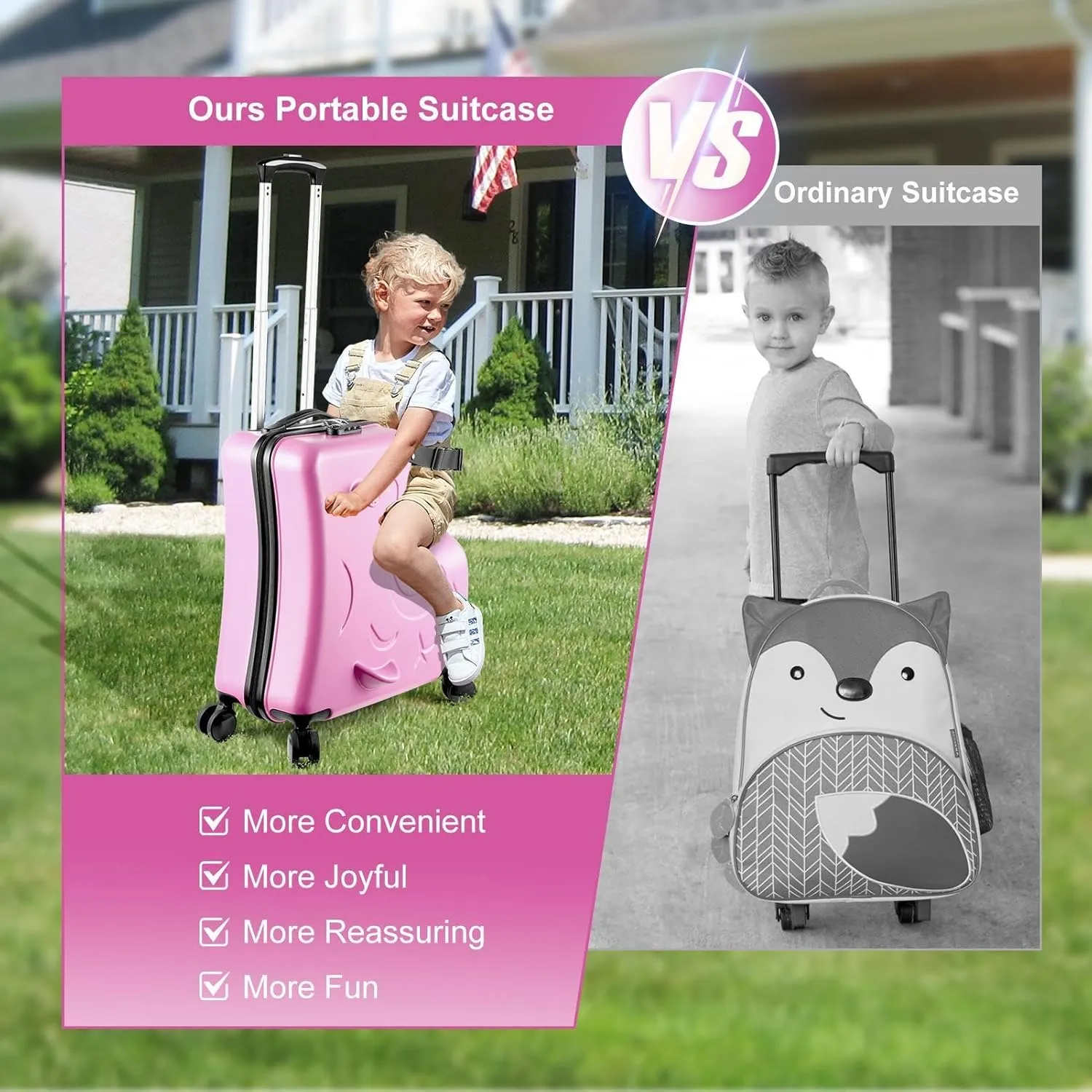 20" Ride Suitcase for Kids Aged 3-6, Carry Kids Luggage with Silent Wheels, Safety Belt, Combination Lock, Handlebars and Pedals, Equipped With Duffel Bag for Carry Luggage (pink)