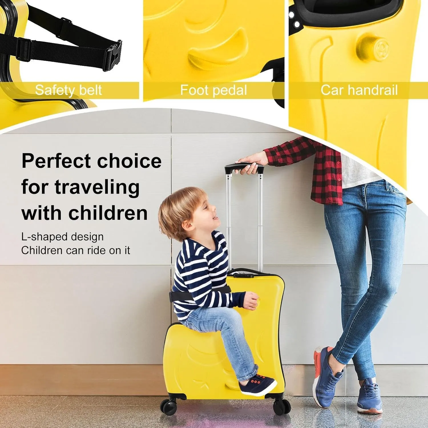 20" Ride Suitcase for Kids Aged 3-6, Carry Kids Luggage with Silent Wheels, Safety Belt, Combination Lock, Handlebars and Pedals, Equipped With Duffel Bag for Carry Luggage (yellow)