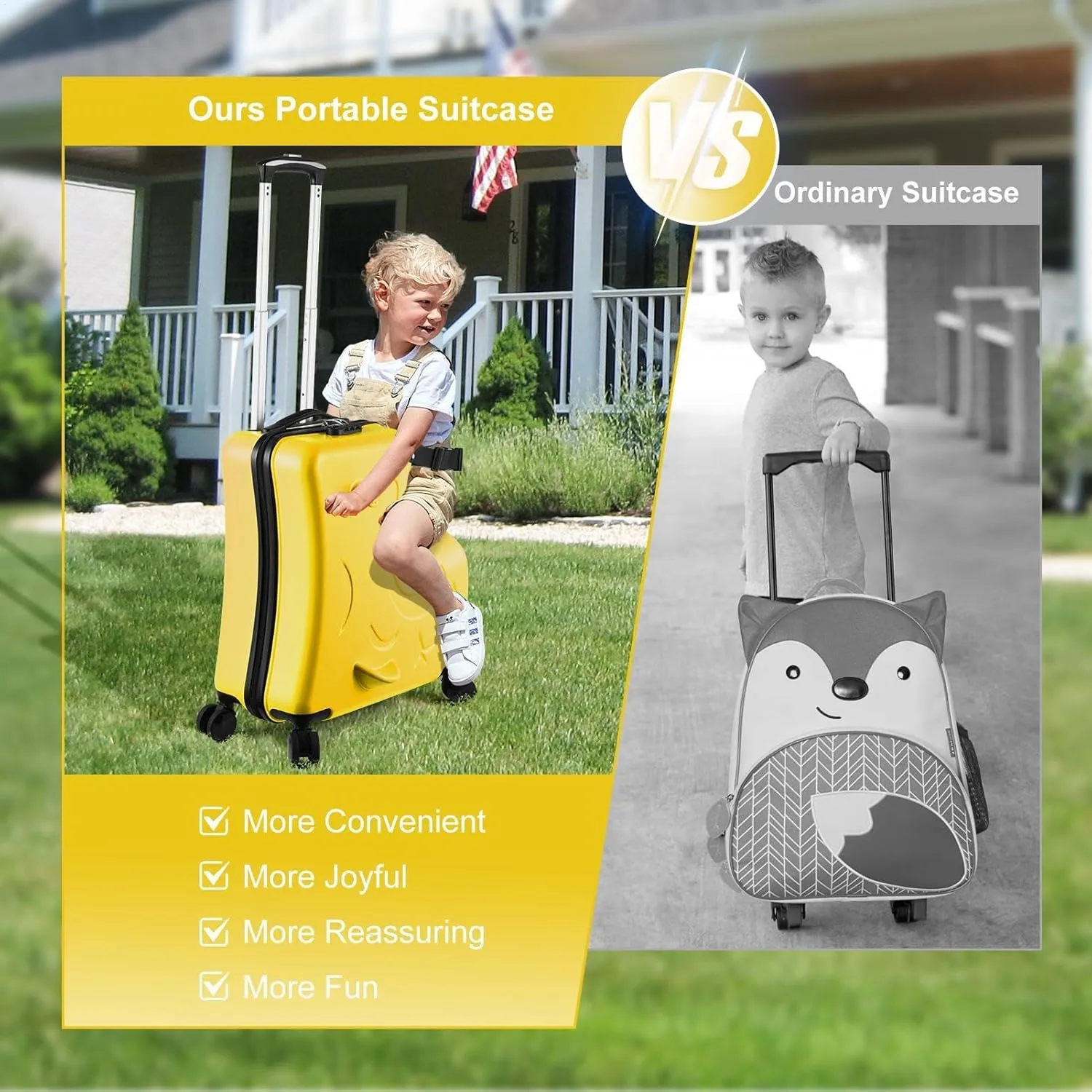20" Ride Suitcase for Kids Aged 3-6, Carry Kids Luggage with Silent Wheels, Safety Belt, Combination Lock, Handlebars and Pedals, Equipped With Duffel Bag for Carry Luggage (yellow)