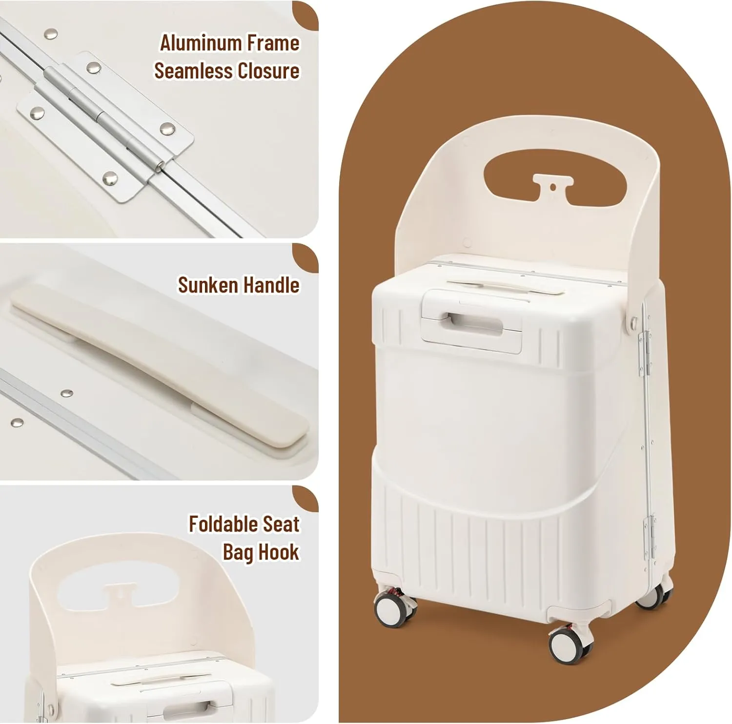 22 Inch TSA Lock Luggage with Child Seat,Lockable Spinner Wheels Suitcase for Kids,Kid Luggage with Seat Belt and Luggage Cover (TSA Luggage with Child Seat White)