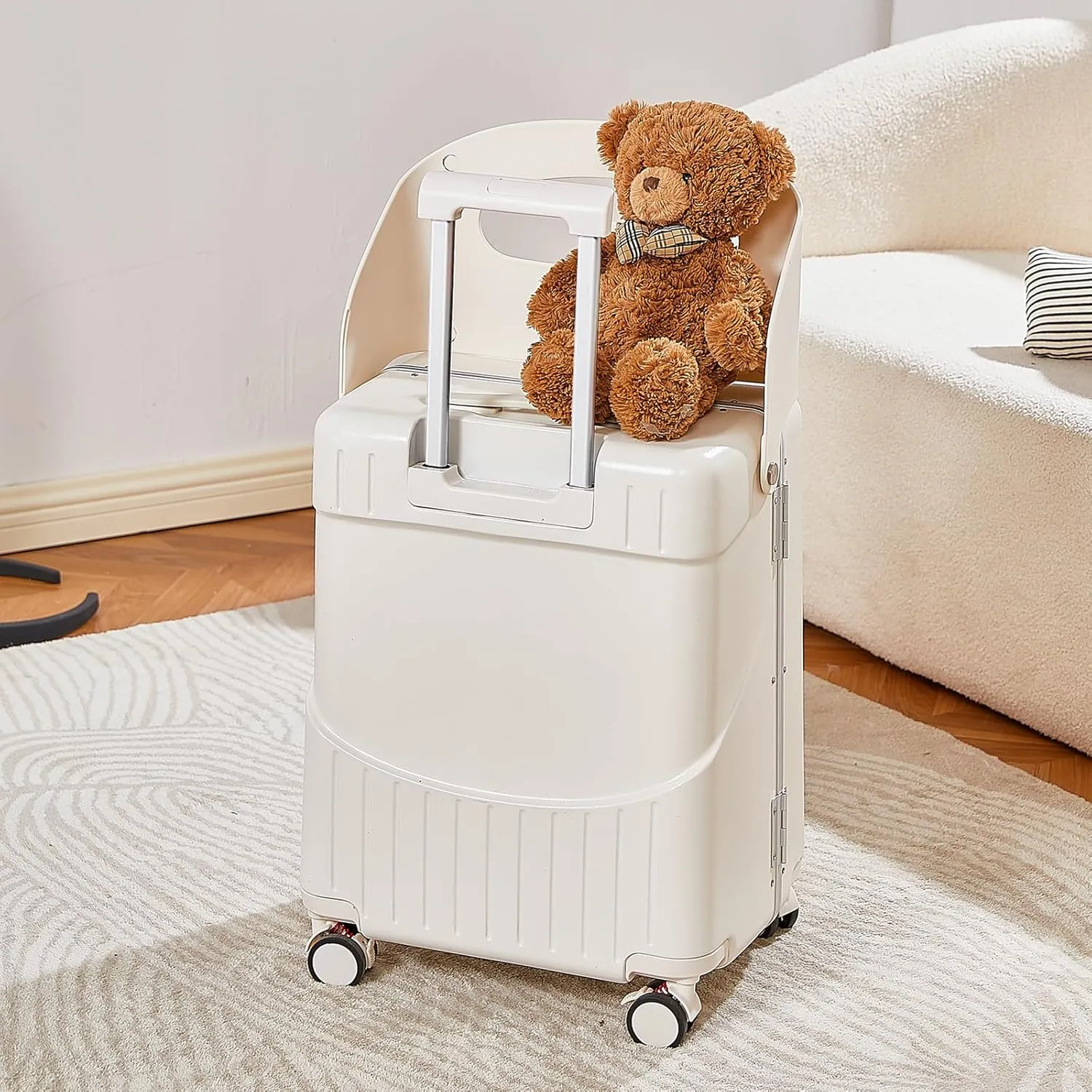 22 Inch TSA Lock Luggage with Child Seat,Lockable Spinner Wheels Suitcase for Kids,Kid Luggage with Seat Belt and Luggage Cover (TSA Luggage with Child Seat White)