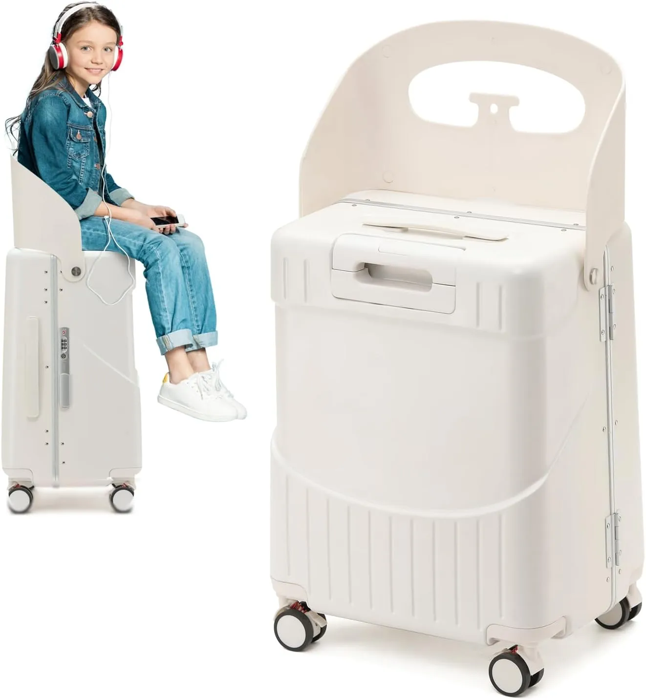 22 Inch TSA Lock Luggage with Child Seat,Lockable Spinner Wheels Suitcase for Kids,Kid Luggage with Seat Belt and Luggage Cover (TSA Luggage with Child Seat White)
