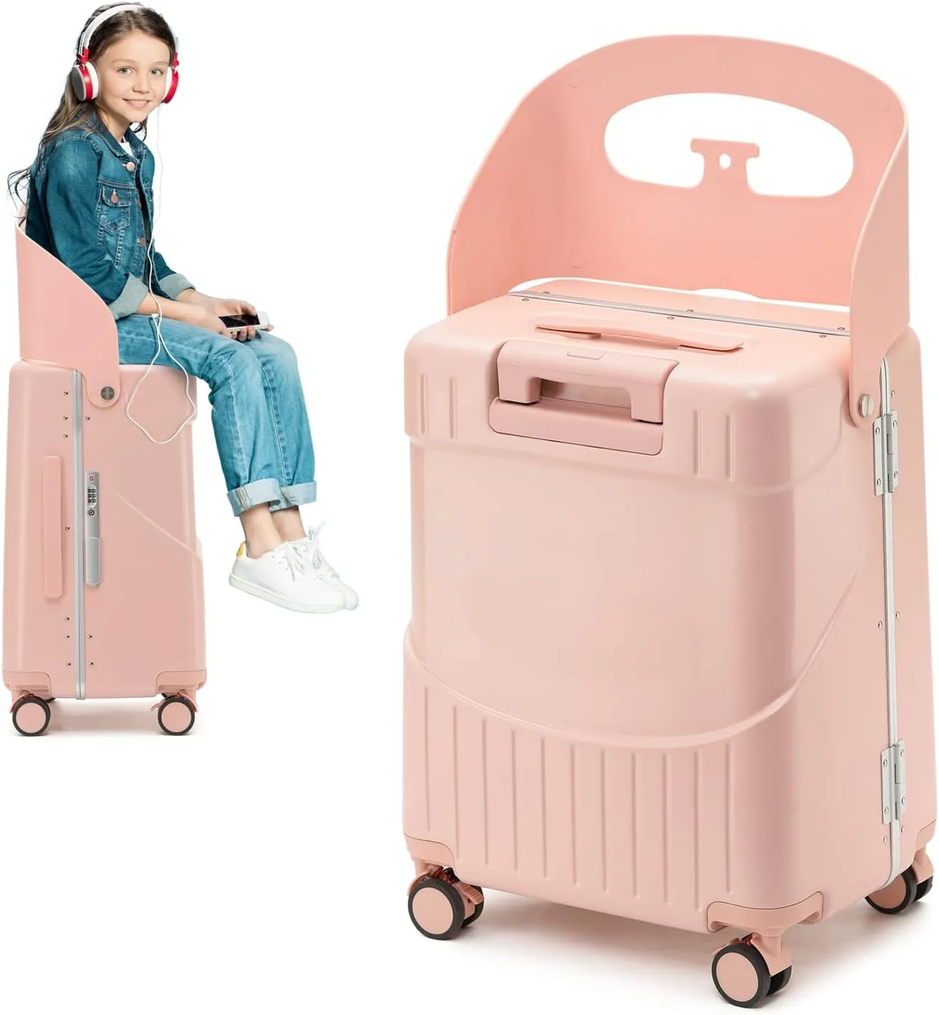 22 Inch TSA Lock Luggage with Seat for Adults and Kids,Lockable Spinner Wheels Suitcase with Seat Belt and Cover (TSA Luggage with Seat Pink)