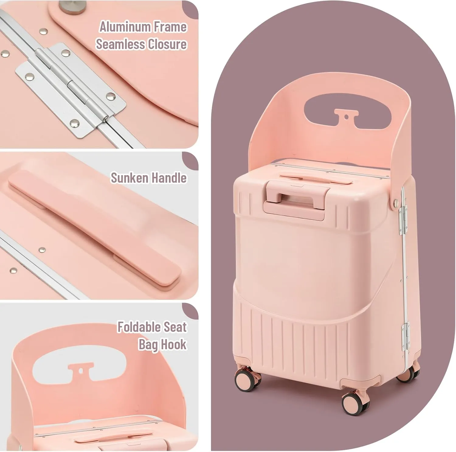 22 Inch TSA Lock Luggage with Seat for Adults and Kids,Lockable Spinner Wheels Suitcase with Seat Belt and Cover (TSA Luggage with Seat Pink)