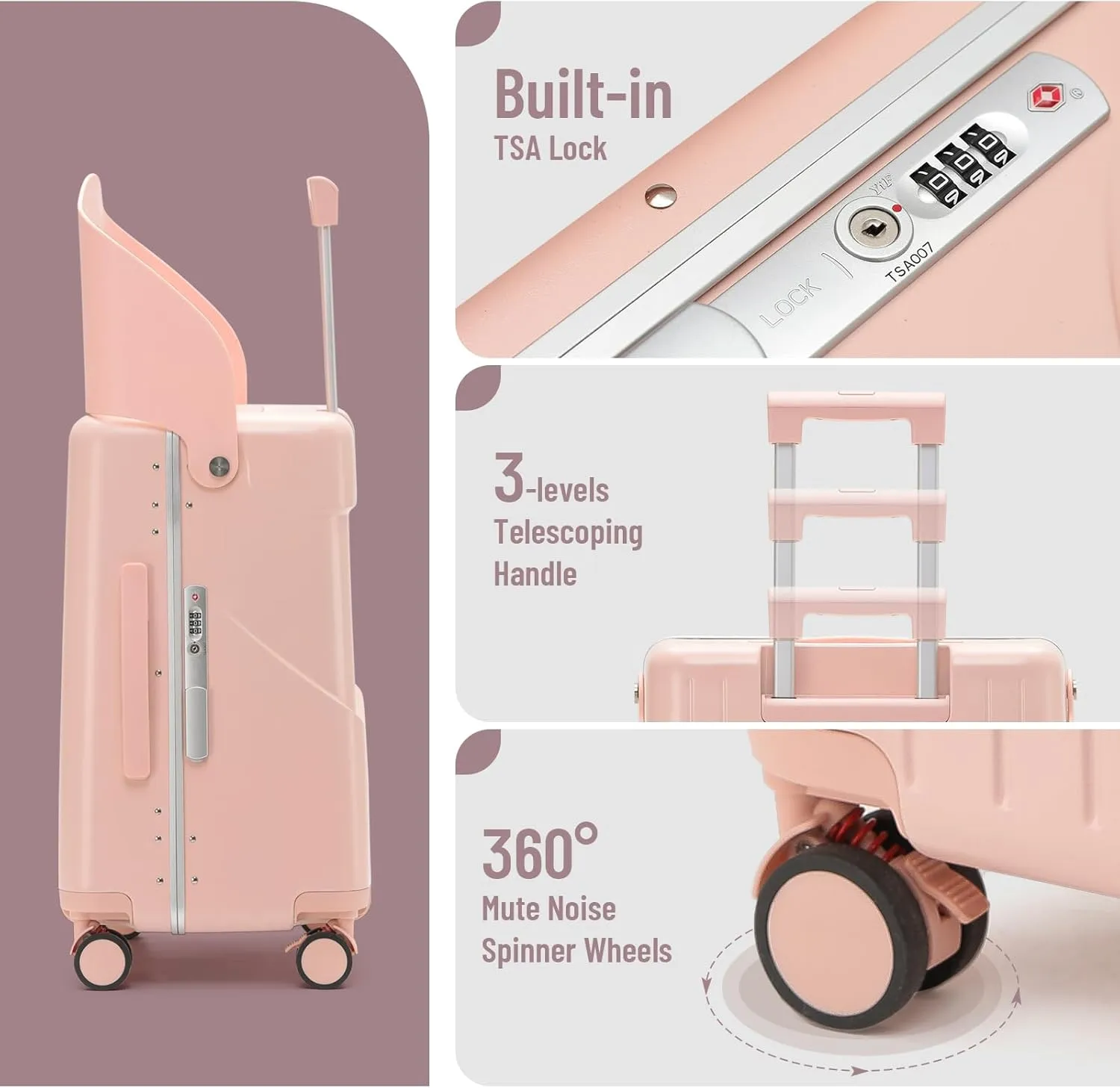 22 Inch TSA Lock Luggage with Seat for Adults and Kids,Lockable Spinner Wheels Suitcase with Seat Belt and Cover (TSA Luggage with Seat Pink)