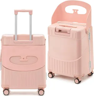 22 Inch TSA Lock Luggage with Seat for Adults and Kids,Lockable Spinner Wheels Suitcase with Seat Belt and Cover (TSA Luggage with Seat Pink)