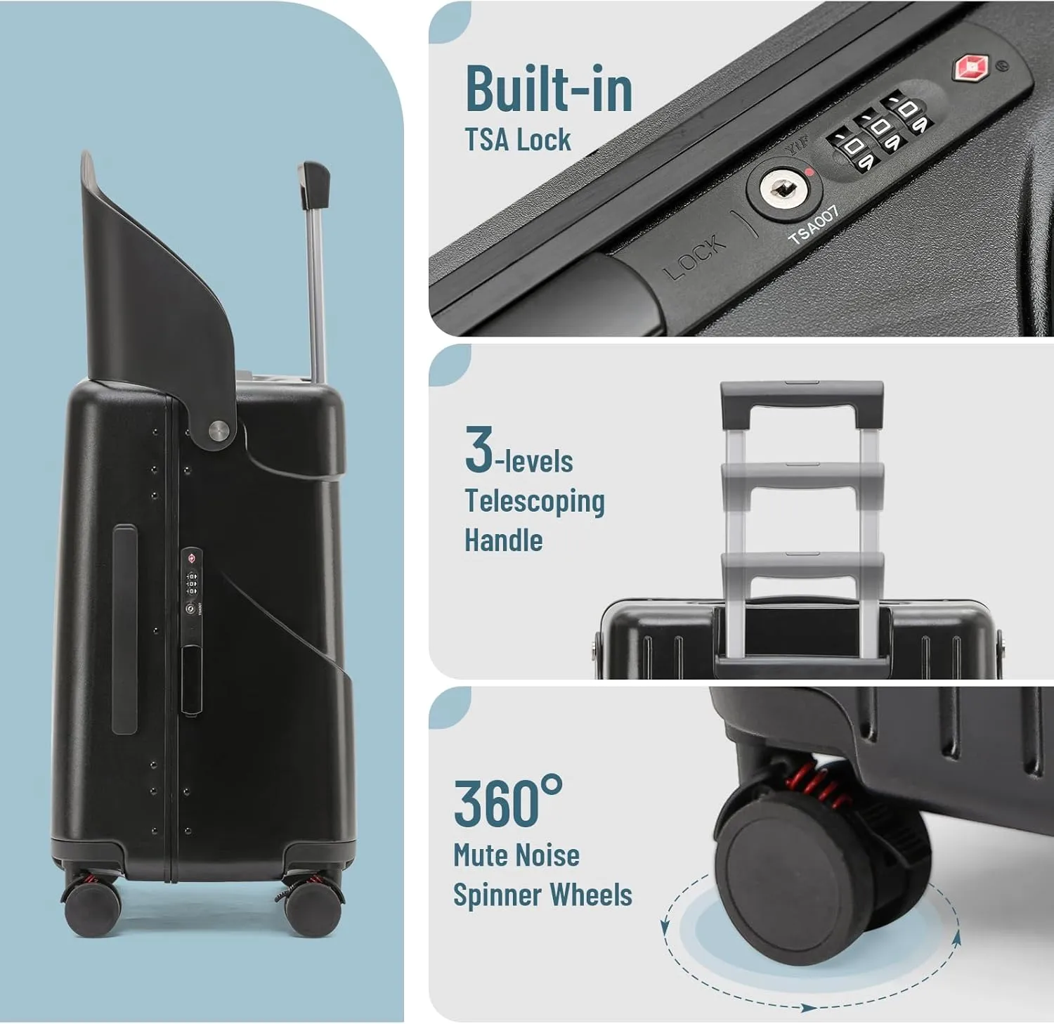 22 Inch TSA Lock Luggage with Seat for Adults and Kids,Lockable Spinner Wheels Suitcase,Luggage with Seat Belt and Luggage Cover (TSA Luggage with Seat Black)
