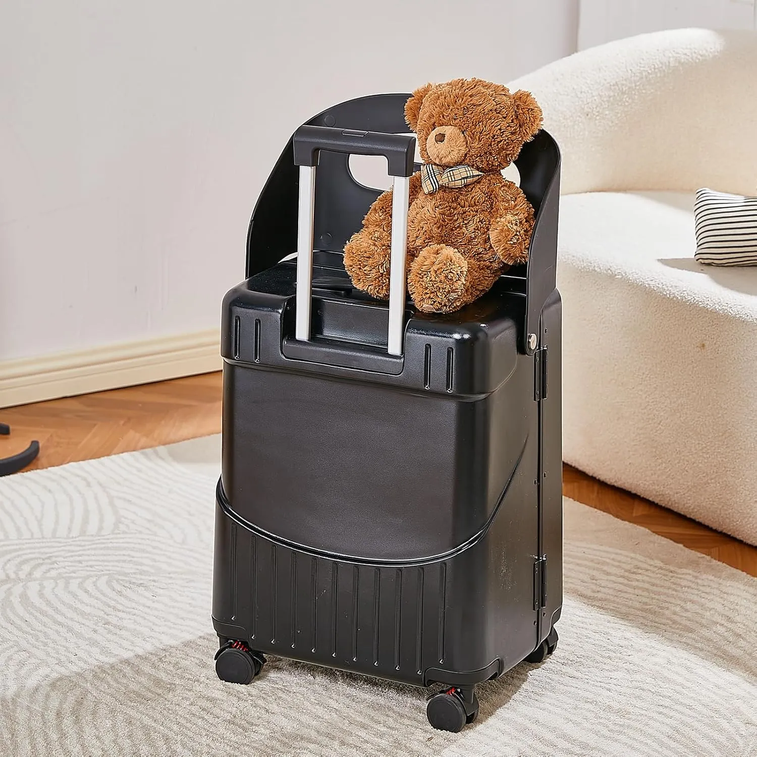 22 Inch TSA Lock Luggage with Seat for Adults and Kids,Lockable Spinner Wheels Suitcase,Luggage with Seat Belt and Luggage Cover (TSA Luggage with Seat Black)