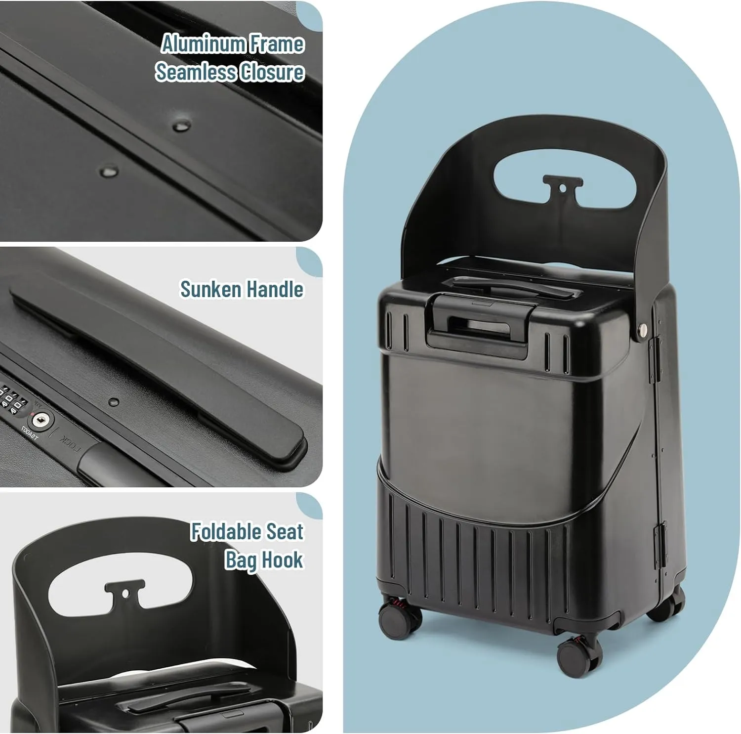 22 Inch TSA Lock Luggage with Seat for Adults and Kids,Lockable Spinner Wheels Suitcase,Luggage with Seat Belt and Luggage Cover (TSA Luggage with Seat Black)