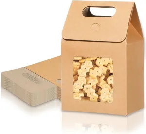 24 Pieces Kraft Paper Gift Bags with Clear Window Small Goodies Gift Boxes with Handle 5.9 x 3.9 x 2.3inch Gable Candy Treat Box for Purim, Bakery Cookies, Wedding Favors, Small Business (brown)