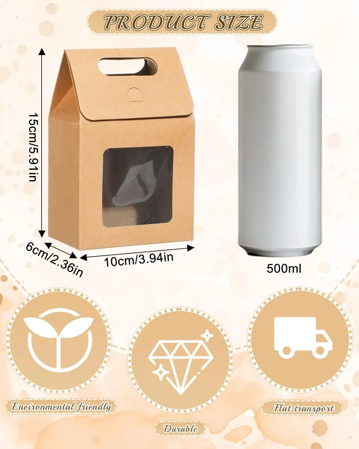 24 Pieces Kraft Paper Gift Bags with Clear Window Small Goodies Gift Boxes with Handle 5.9 x 3.9 x 2.3inch Gable Candy Treat Box for Purim, Bakery Cookies, Wedding Favors, Small Business (brown)