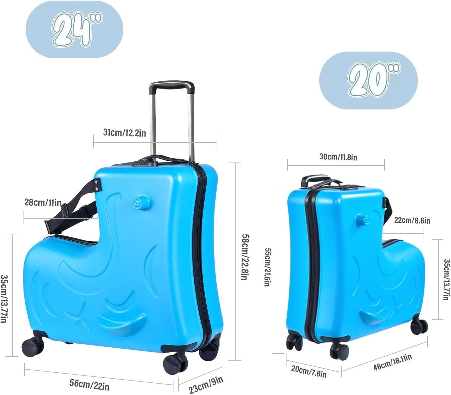 24" Ride Suitcases for Kids 6-12 | Toddler Ride On Suitcase W Safety Belt | Kids Carry Luggage With Silent Wheels | Toddler Suitcase Combination Lock for Kid | Equipped With Handlebars Pedals