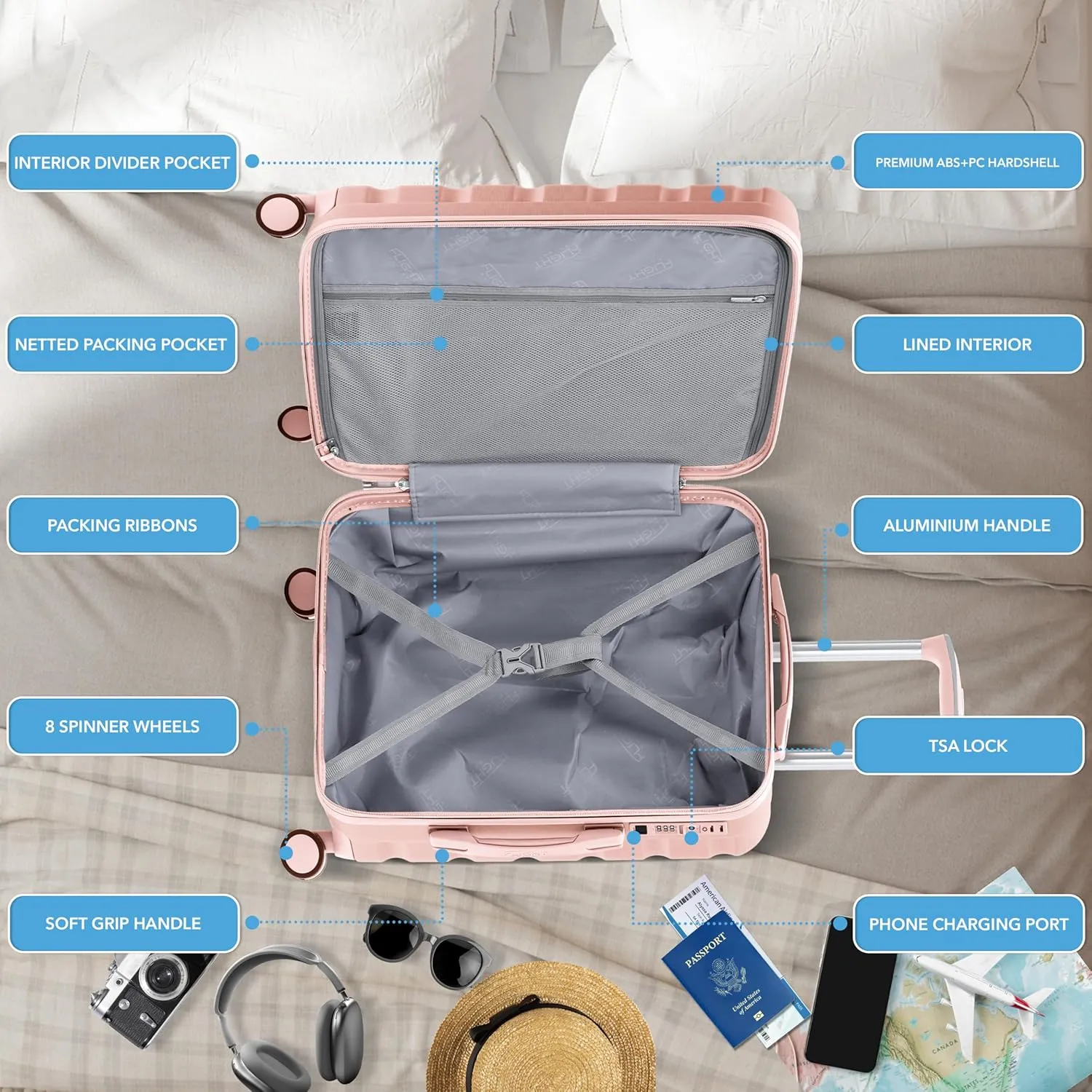 24x16x10 Expandable Carry On Suitcase Hardside TSA Lock USB C Lightweight Luggage Silent Double Spinner Wheels Maximum Overhead Carry-On Bag For Virgin & South West Approved Airlines