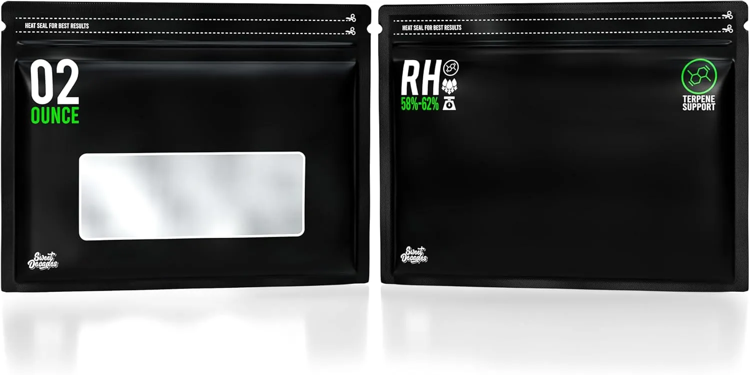 25 Pack - 2 Ounce Terpene Curing Bags 58%-62% Humidity Control - Lock & Seal Storage Heat Sealable 12x9x5 Inch (2oz, 56g)