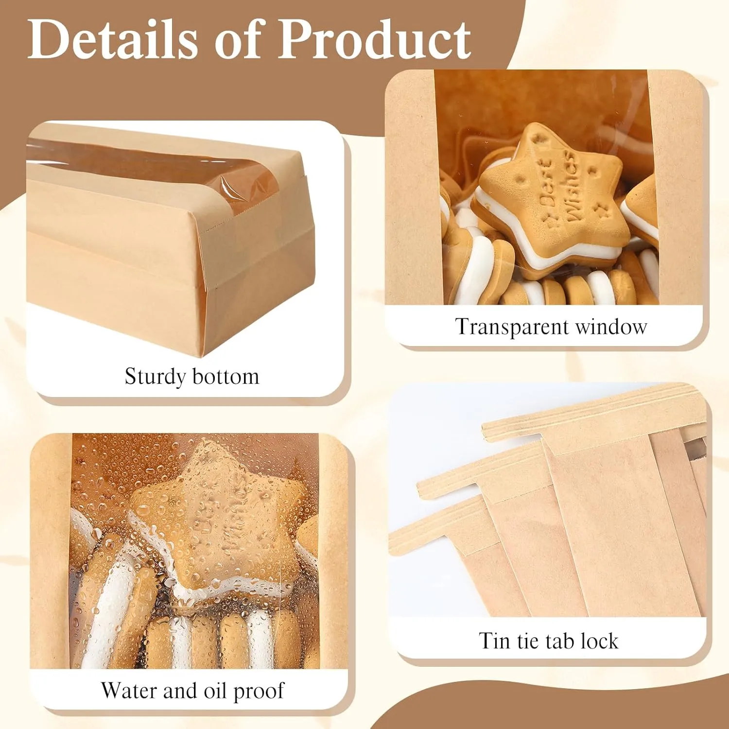 250 Pcs Bakery Bags with Window and Label Seal Stickers Brown Paper Bread Packages Iron Wire Tie Tab Lock Candy Cookie Kraft Paper Bags for Snacks Pastry Donuts (4.7 x 3.5 x 11.8 Inch)