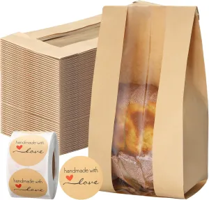 250 Pcs Bakery Bags with Window and Label Seal Stickers Brown Paper Bread Packages Iron Wire Tie Tab Lock Candy Cookie Kraft Paper Bags for Snacks Pastry Donuts (4.7 x 3.5 x 11.8 Inch)