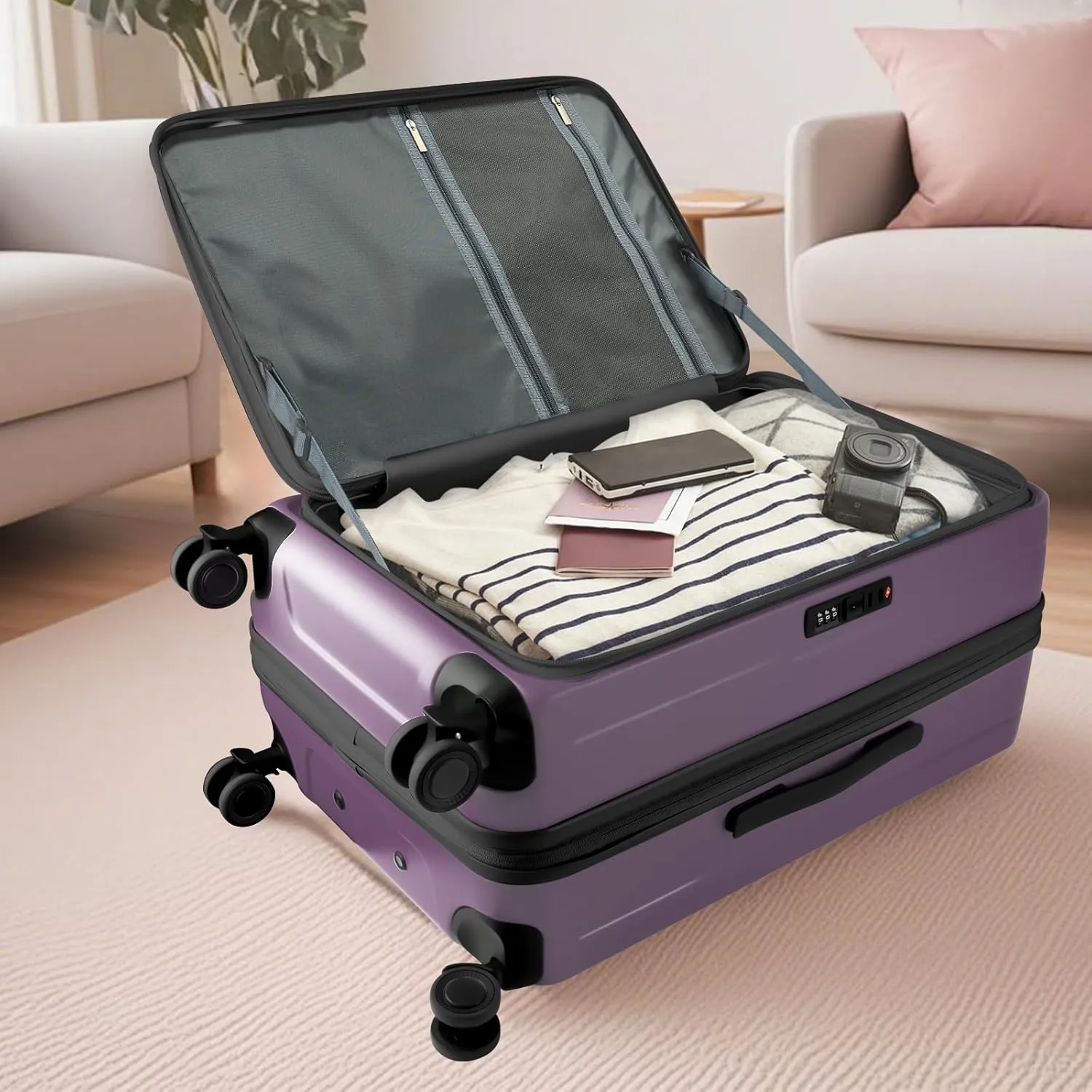 28-Inch Hardshell Checked Luggage - TSA-Accepted Lock, Top-Opening Design with Leak-Proof Cup Holder, Bag Hook, Explosion-Proof Large Suitcase for Extended Travel (Purple)