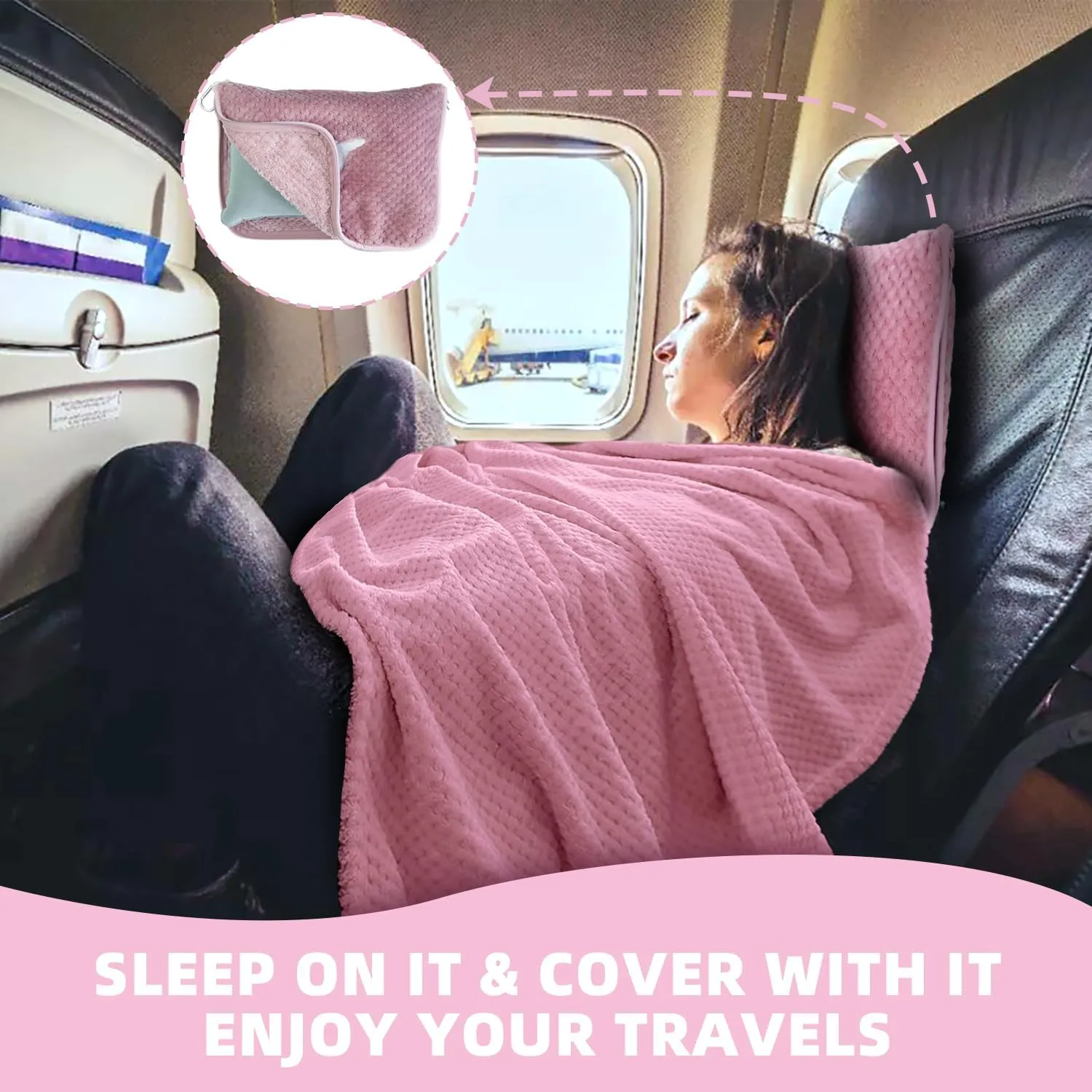 3 in 1 Travel Blanket Pillow Set - 350 GSM Thick Travel Blanket Airplane Compact with Bag, Soft Bag with a Pocket, Inflatable Travel Pillow for Camping & Car Trip (Blush Pink)