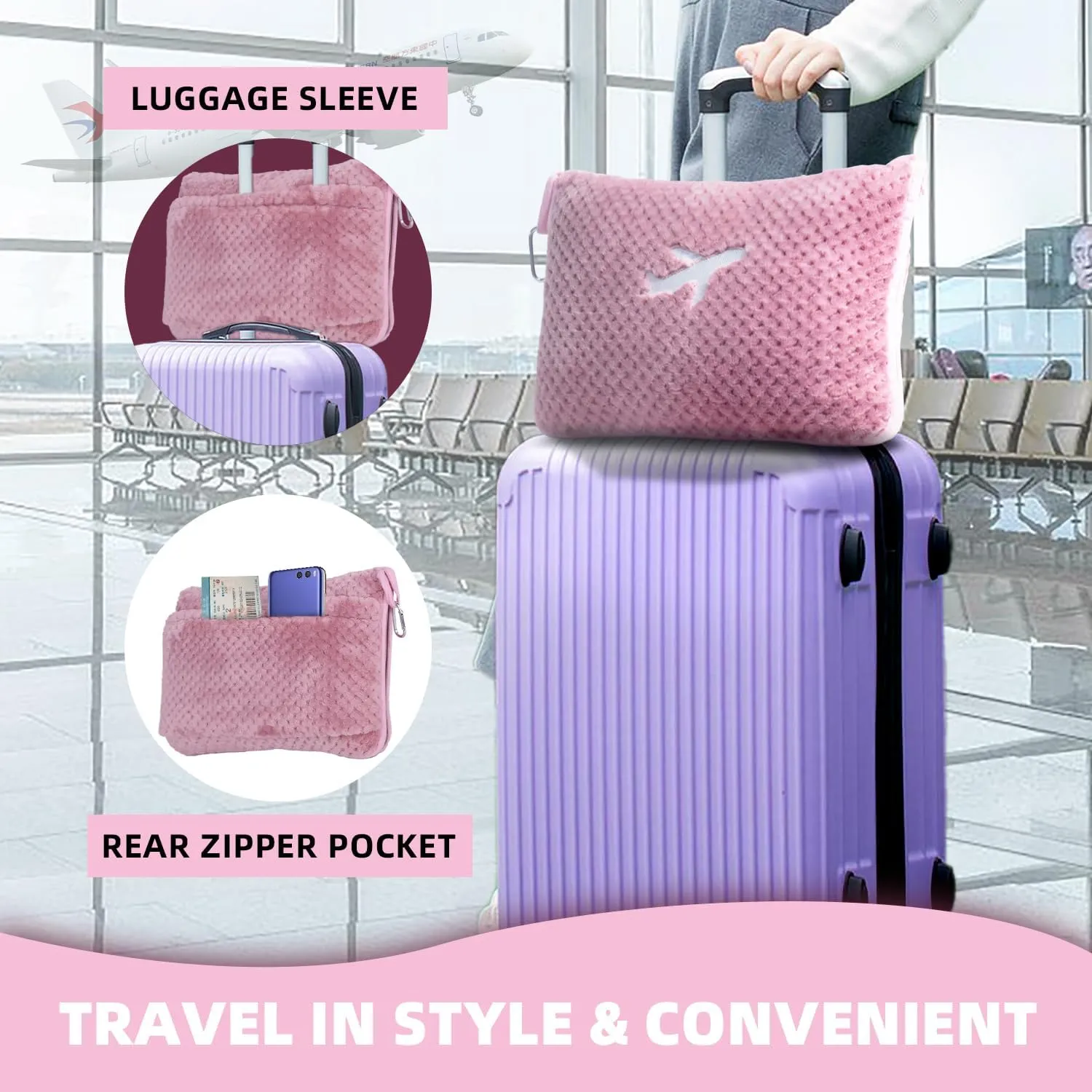 3 in 1 Travel Blanket Pillow Set - 350 GSM Thick Travel Blanket Airplane Compact with Bag, Soft Bag with a Pocket, Inflatable Travel Pillow for Camping & Car Trip (Blush Pink)