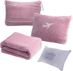 3 in 1 Travel Blanket Pillow Set - 350 GSM Thick Travel Blanket Airplane Compact with Bag, Soft Bag with a Pocket, Inflatable Travel Pillow for Camping & Car Trip (Blush Pink)