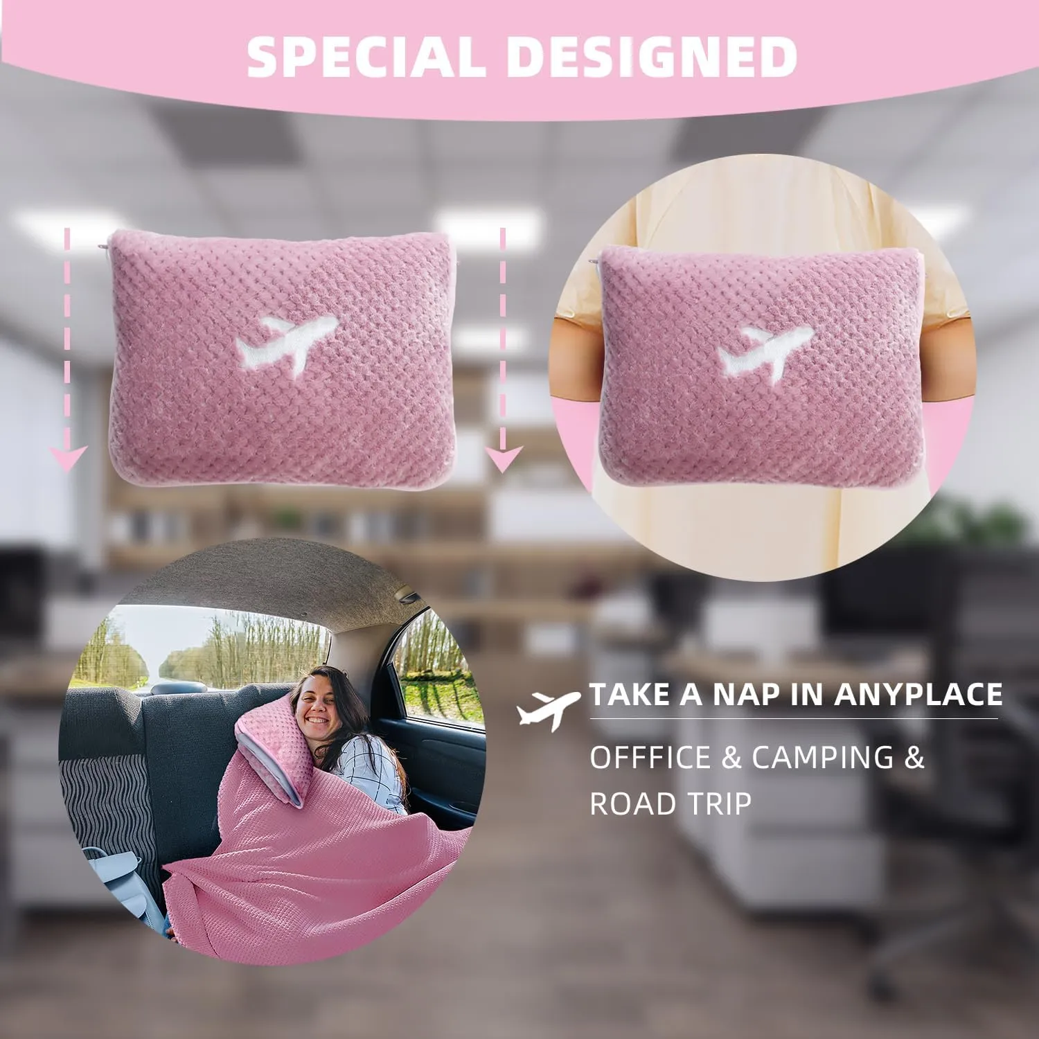 3 in 1 Travel Blanket Pillow Set - 350 GSM Thick Travel Blanket Airplane Compact with Bag, Soft Bag with a Pocket, Inflatable Travel Pillow for Camping & Car Trip (Blush Pink)