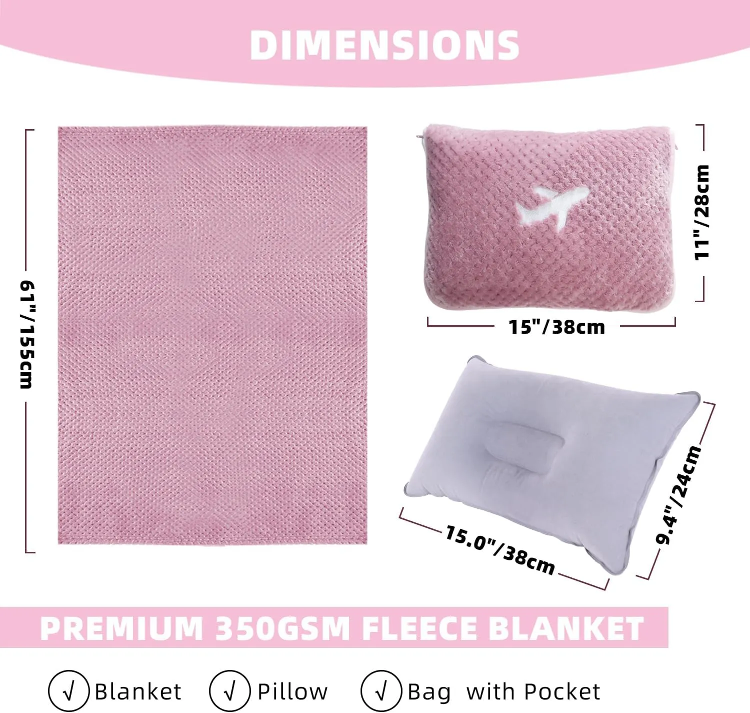 3 in 1 Travel Blanket Pillow Set - 350 GSM Thick Travel Blanket Airplane Compact with Bag, Soft Bag with a Pocket, Inflatable Travel Pillow for Camping & Car Trip (Blush Pink)
