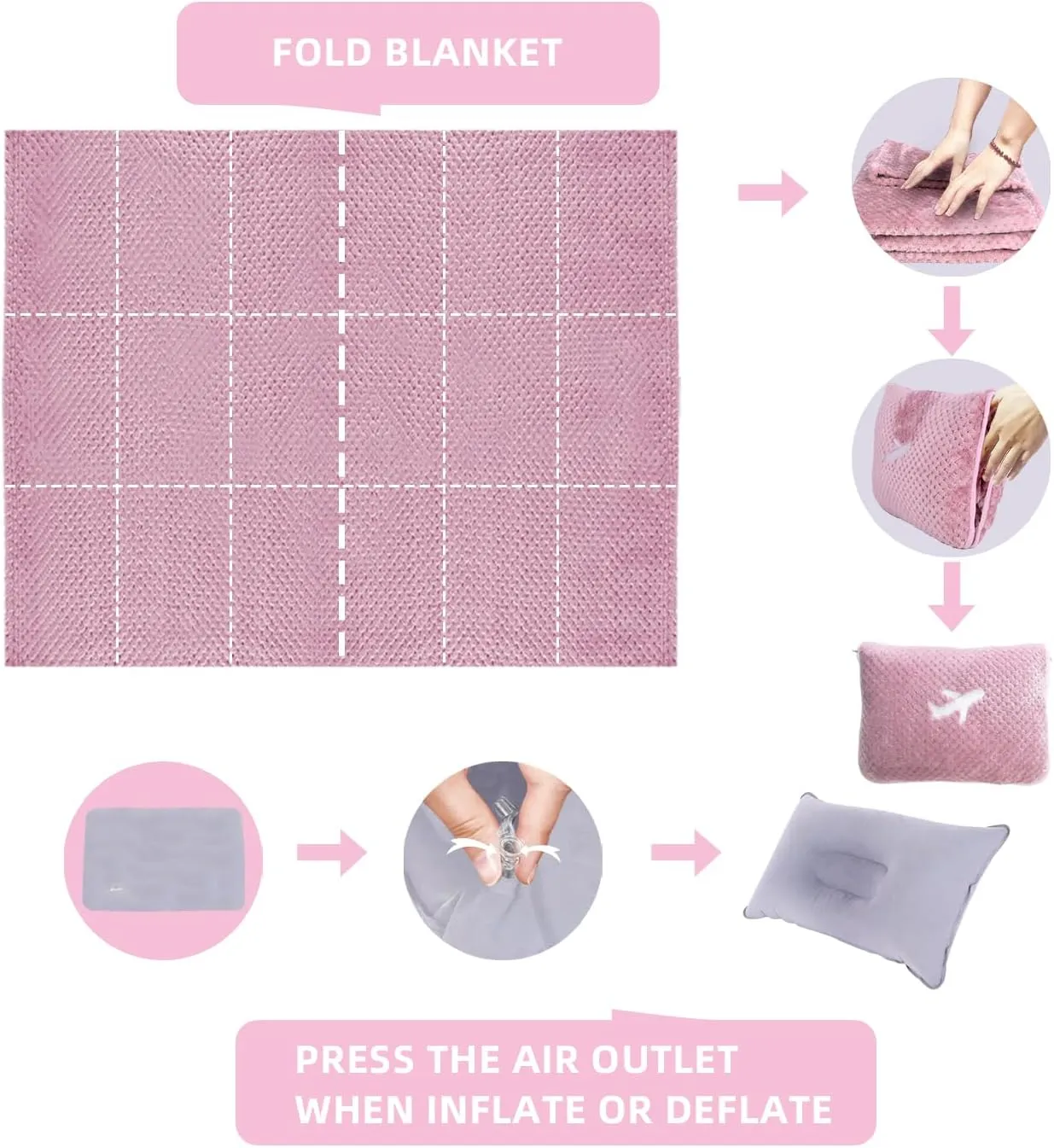 3 in 1 Travel Blanket Pillow Set - 350 GSM Thick Travel Blanket Airplane Compact with Bag, Soft Bag with a Pocket, Inflatable Travel Pillow for Camping & Car Trip (Blush Pink)