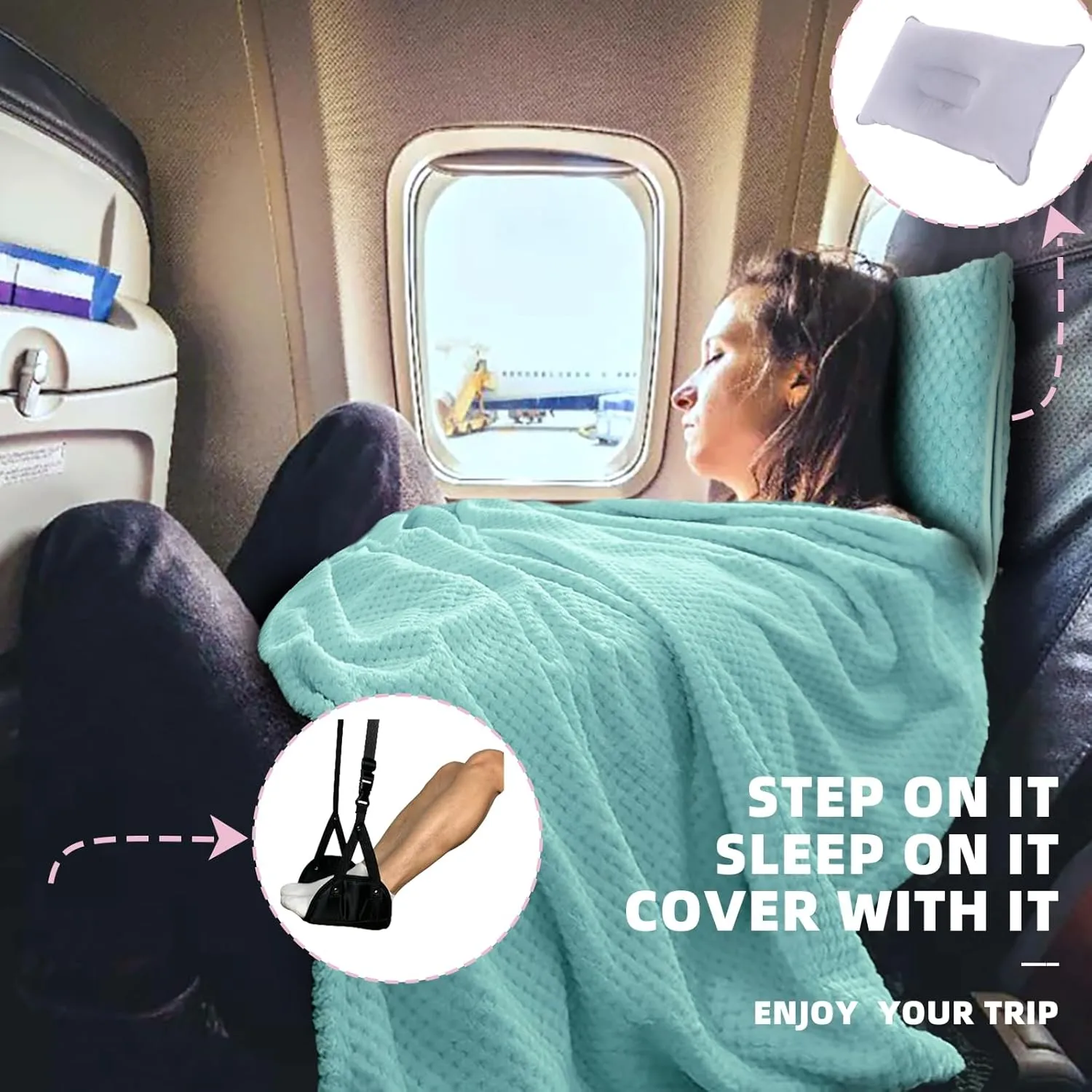 3 in 1 Travel Blanket Pillow Set with Airplane Footrest - 350 GSM Thick Travel Blanket Airplane Compact with Bag, Inflatable Pillow, Foot Hammock for Plane TravelTravel (Green)