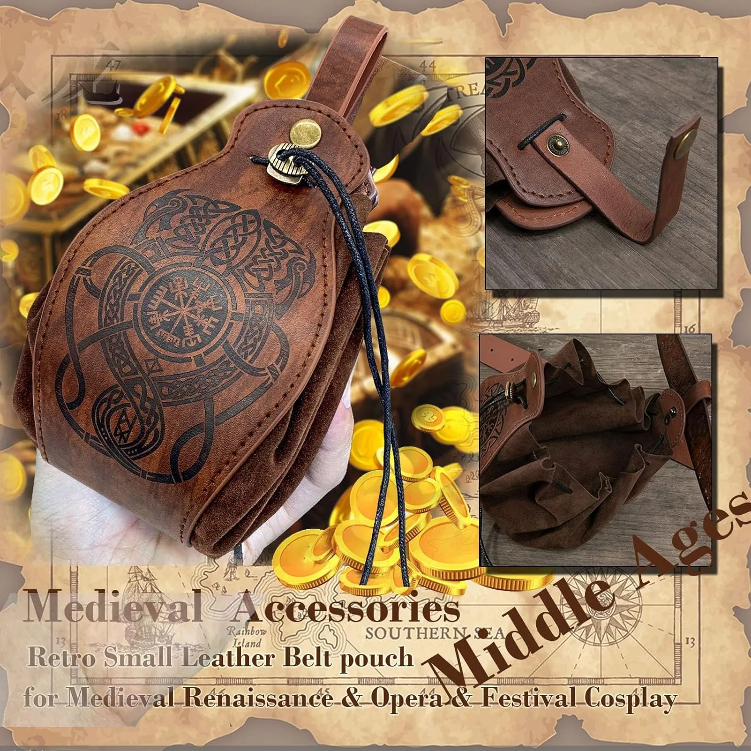 3 Pcs Halloween Renaissance Belt Pouch Coin Purse Phone Holder Skirt Hikes Medieval Viking Pirate Leather Belt Costume Sets (1-Brown)