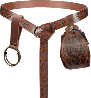 3 Pcs Halloween Renaissance Belt Pouch Coin Purse Phone Holder Skirt Hikes Medieval Viking Pirate Leather Belt Costume Sets (1-Brown)