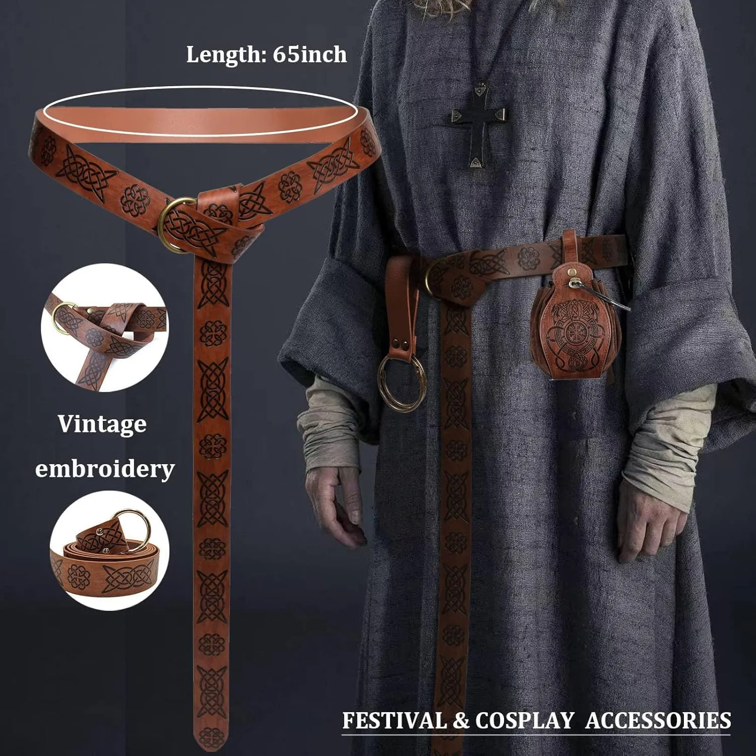 3 Pcs Halloween Renaissance Belt Pouch Coin Purse Phone Holder Skirt Hikes Medieval Viking Pirate Leather Belt Costume Sets (1-Brown)
